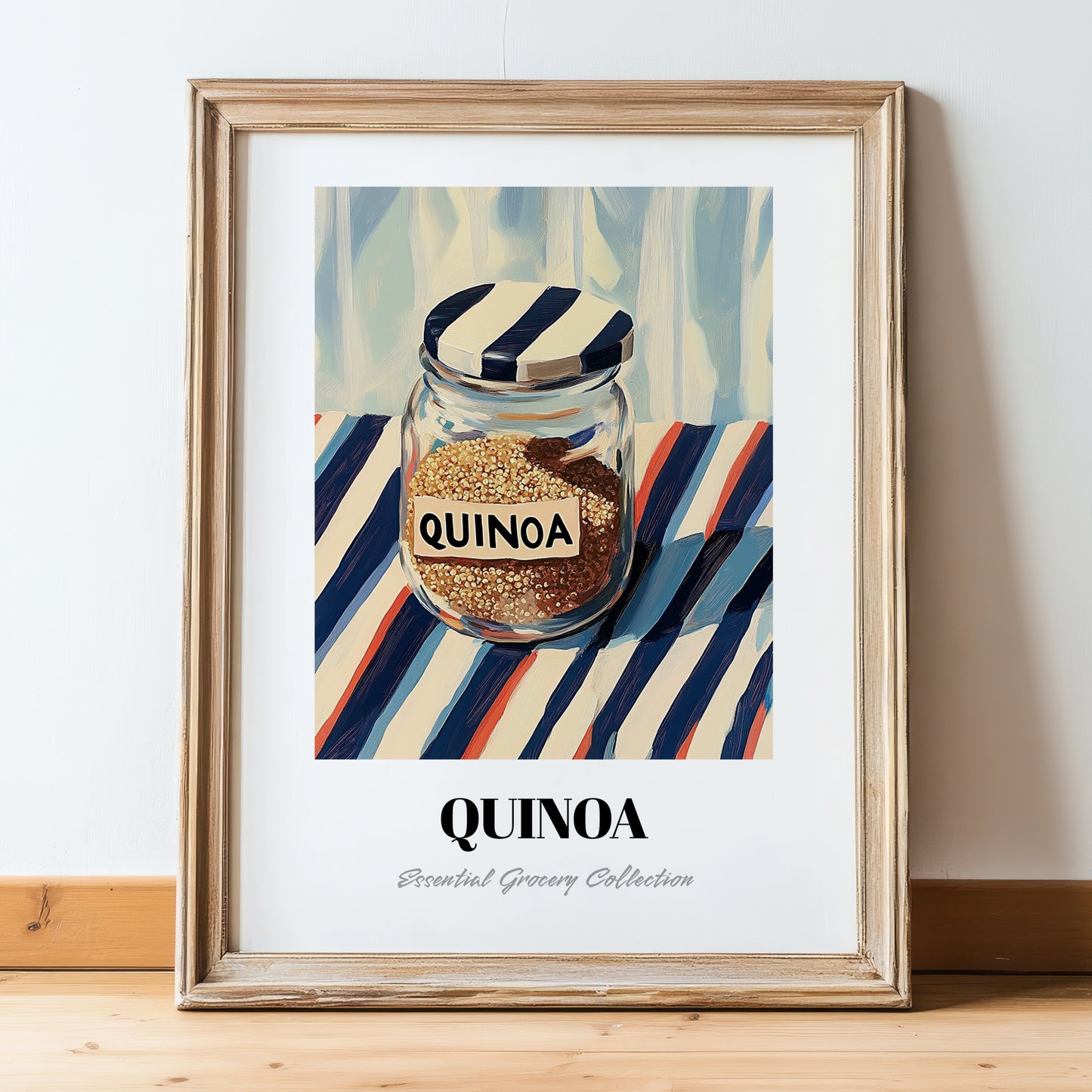 Quinoa – on Striped Tablecloth, Larder Still Life, in wooden frame leaning on the floor