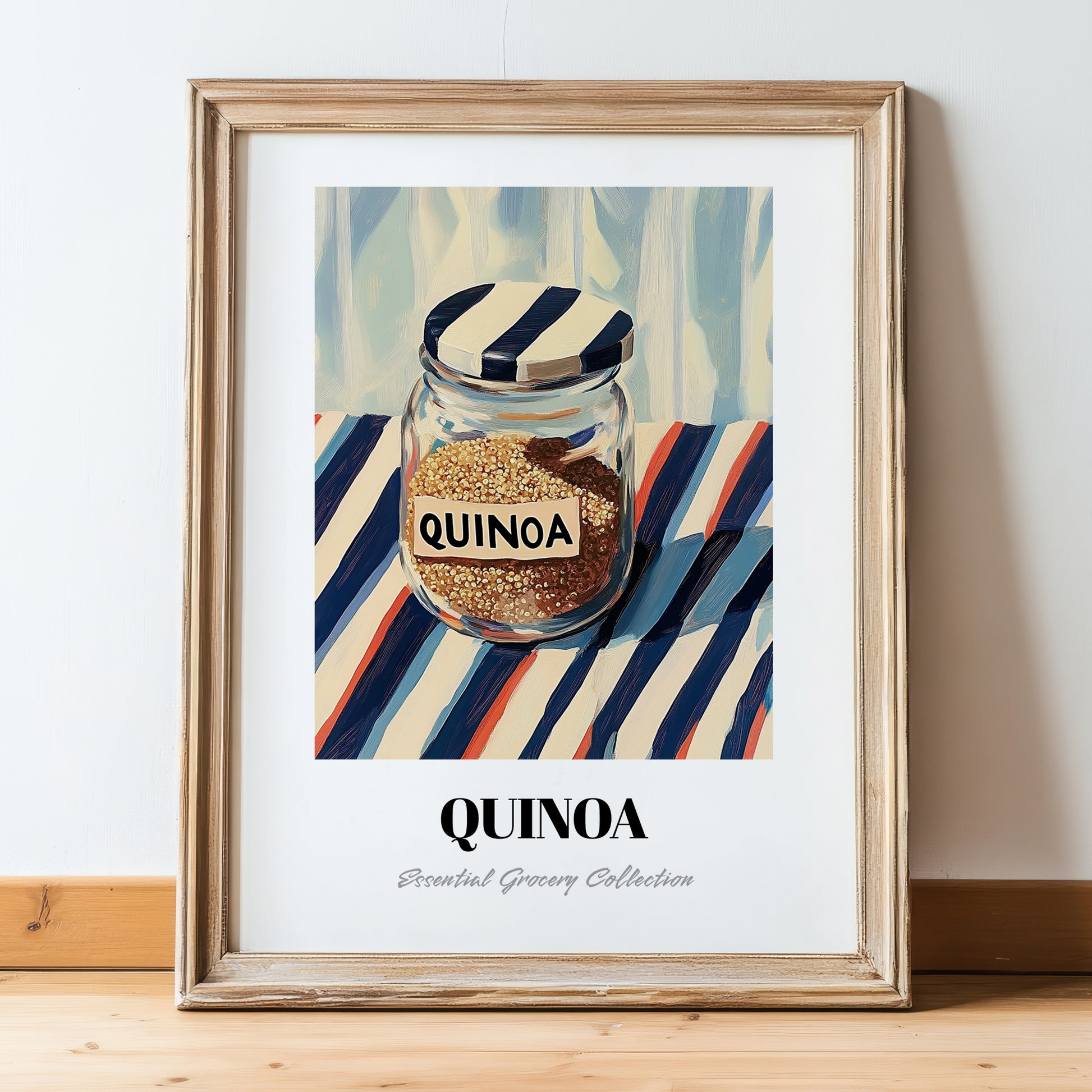 Quinoa – on Striped Tablecloth, Larder Still Life, in wooden frame leaning on the floor