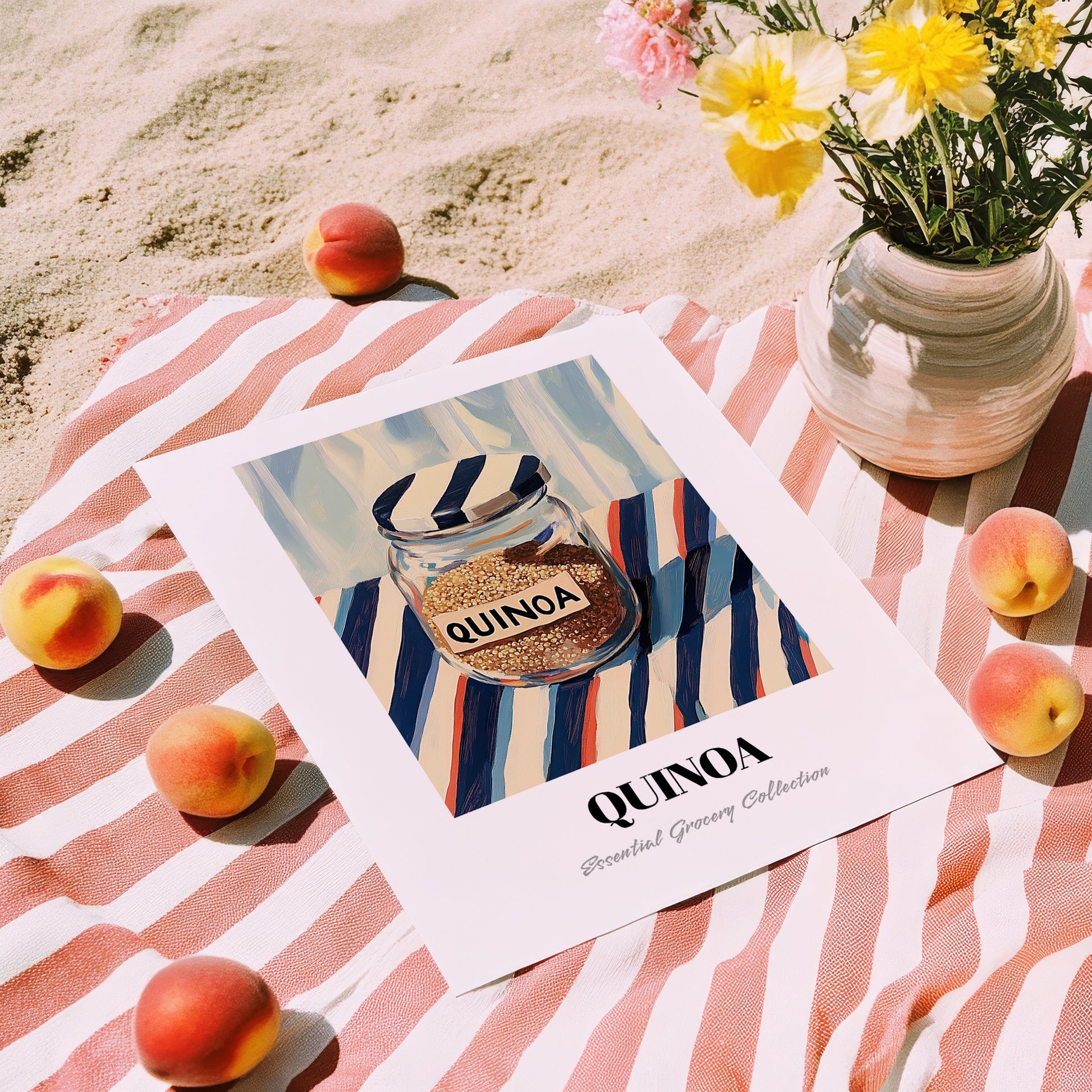 Quinoa – on Striped Tablecloth, Larder Still Life, unframed on coastal sand