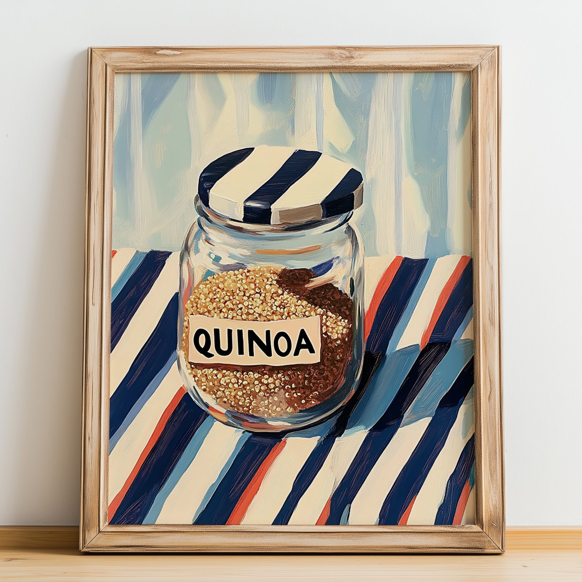 Quinoa – on Striped Tablecloth, Larder Still Life, no-text version framed in wood