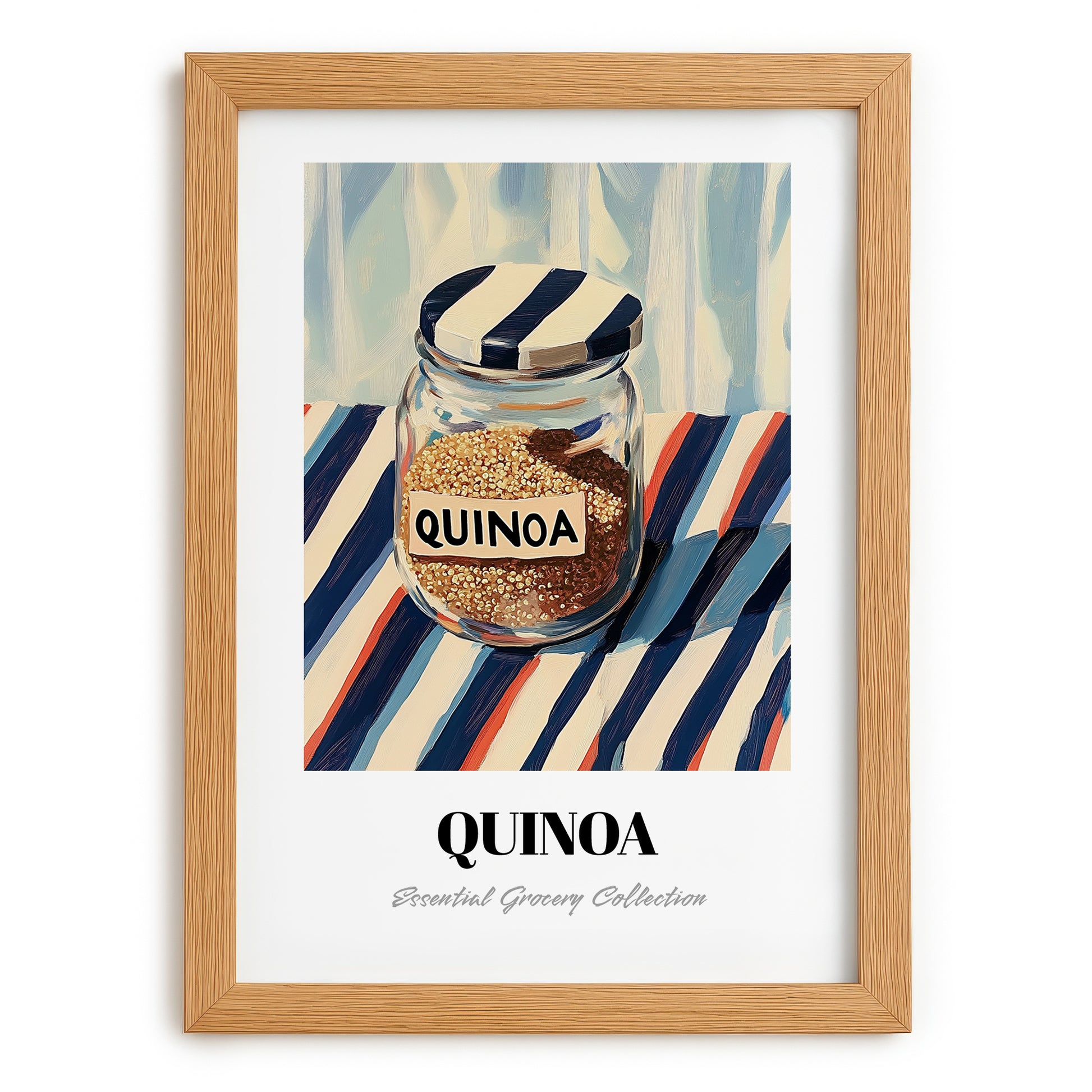 Quinoa – on Striped Tablecloth, Larder Still Life, set in oak frame
