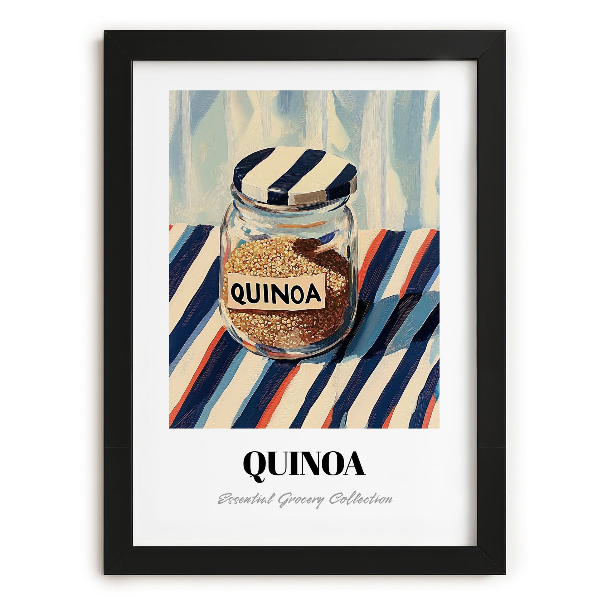 Quinoa – on Striped Tablecloth, Larder Still Life, in sleek black frame