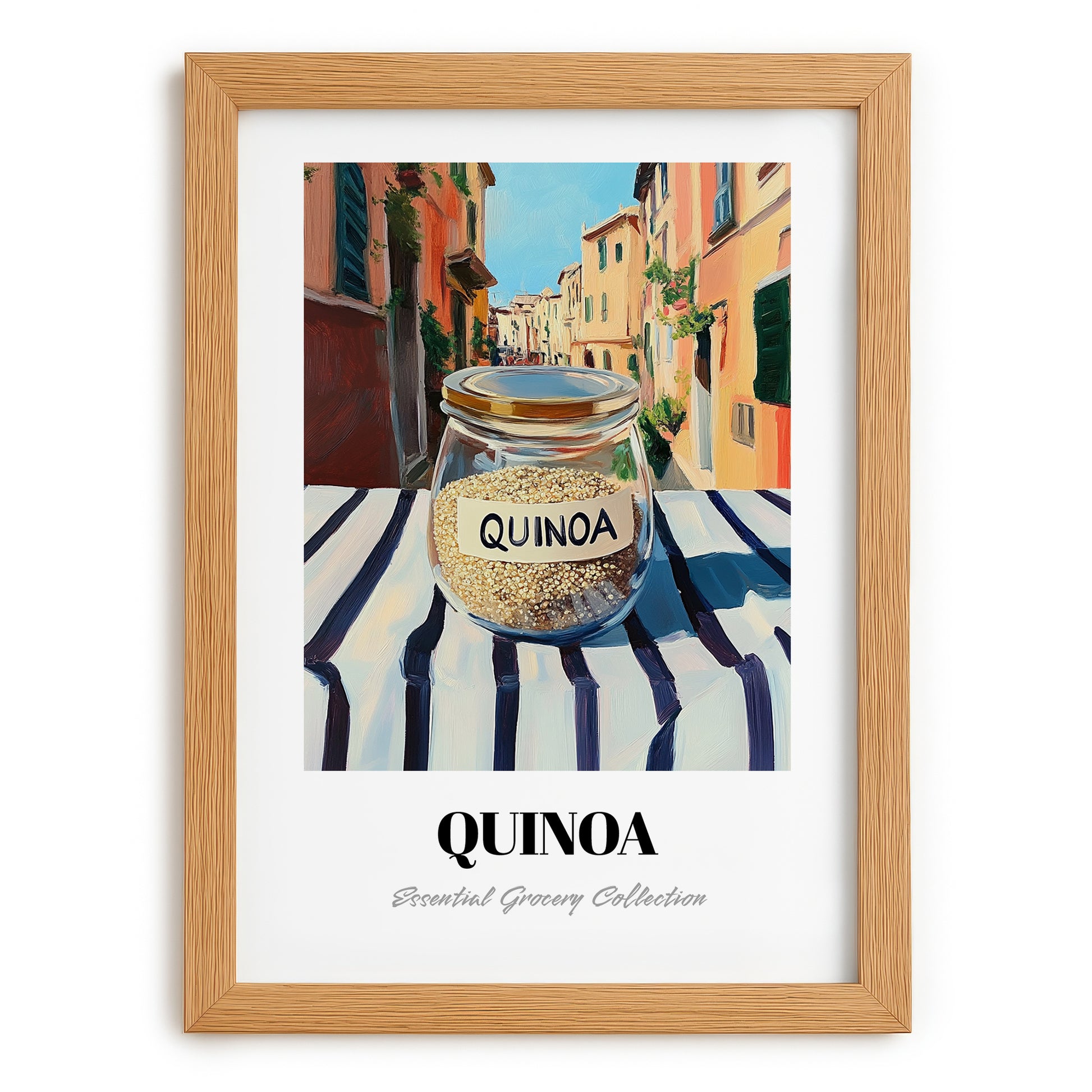 Quinoa – Italian Outdoor Café Scene, Pantry Illustration, set in oak frame