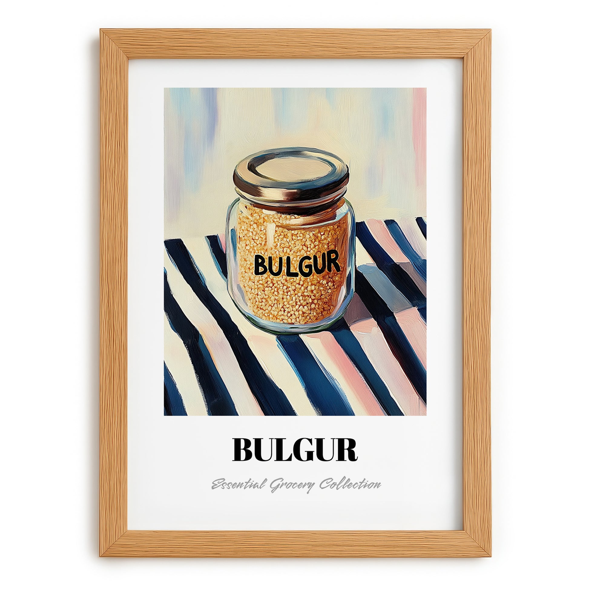 Bulgur – on Striped Tablecloth, Larder Wall Decor, set in oak frame