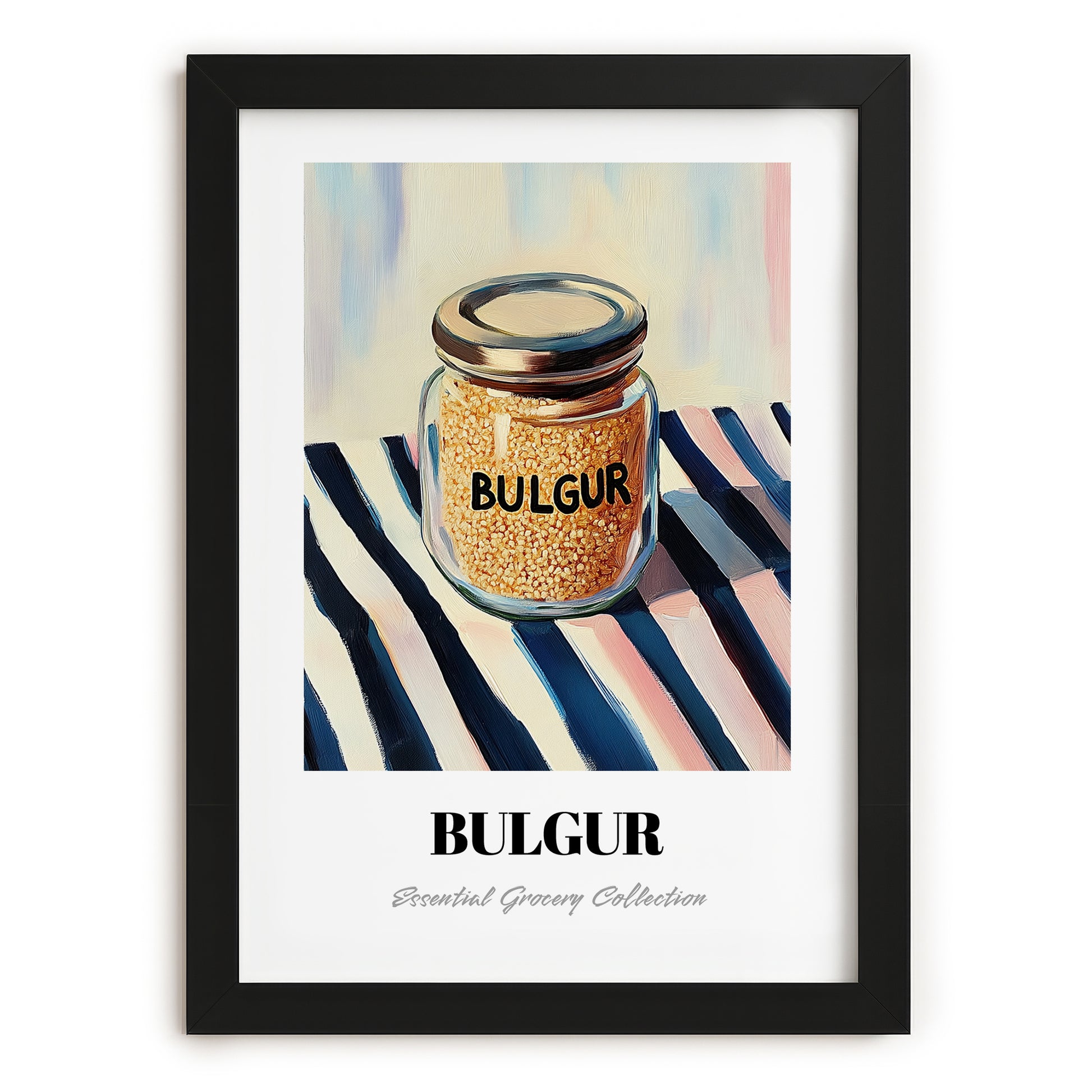 Bulgur – on Striped Tablecloth, Larder Wall Decor, in sleek black frame