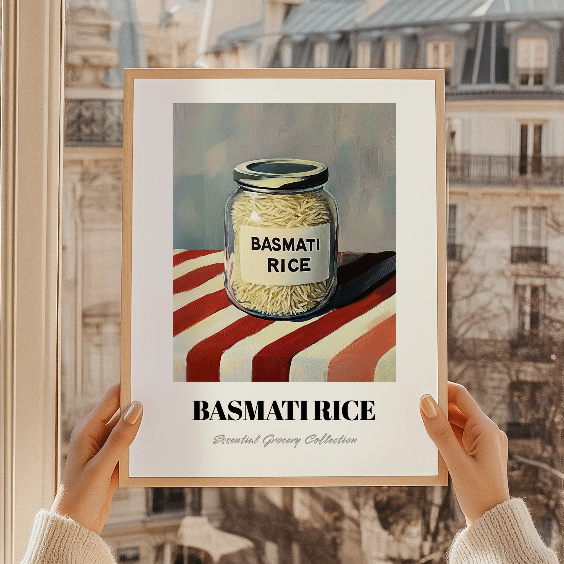 Basmati Rice – on Striped Tablecloth, Shelf Stock Wall Decor, styled in a charming Paris street view