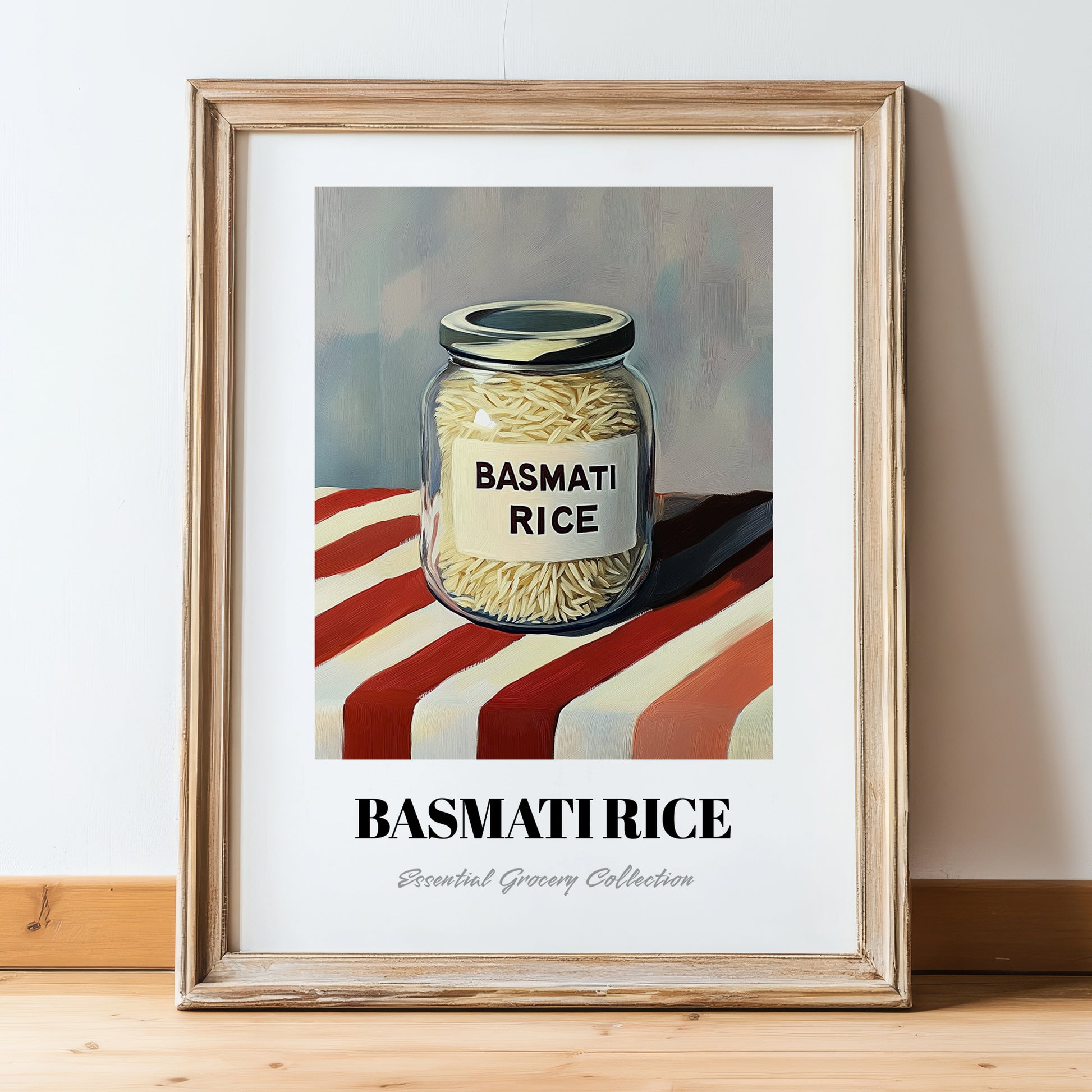 Basmati Rice – on Striped Tablecloth, Shelf Stock Wall Decor, in wooden frame leaning on the floor