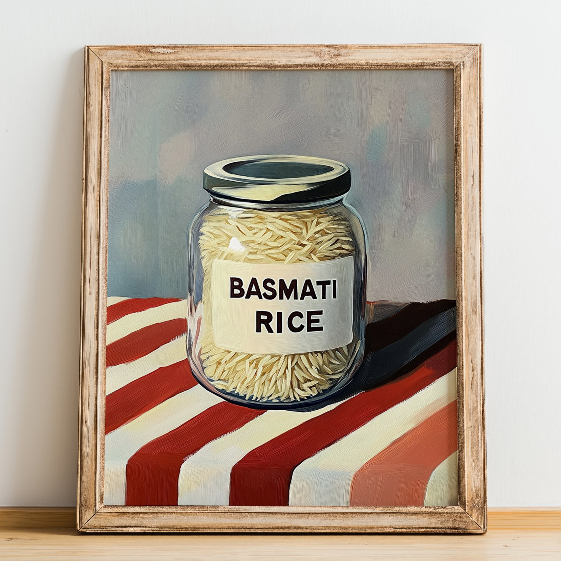Basmati Rice – on Striped Tablecloth, Shelf Stock Wall Decor, no-text version framed in wood