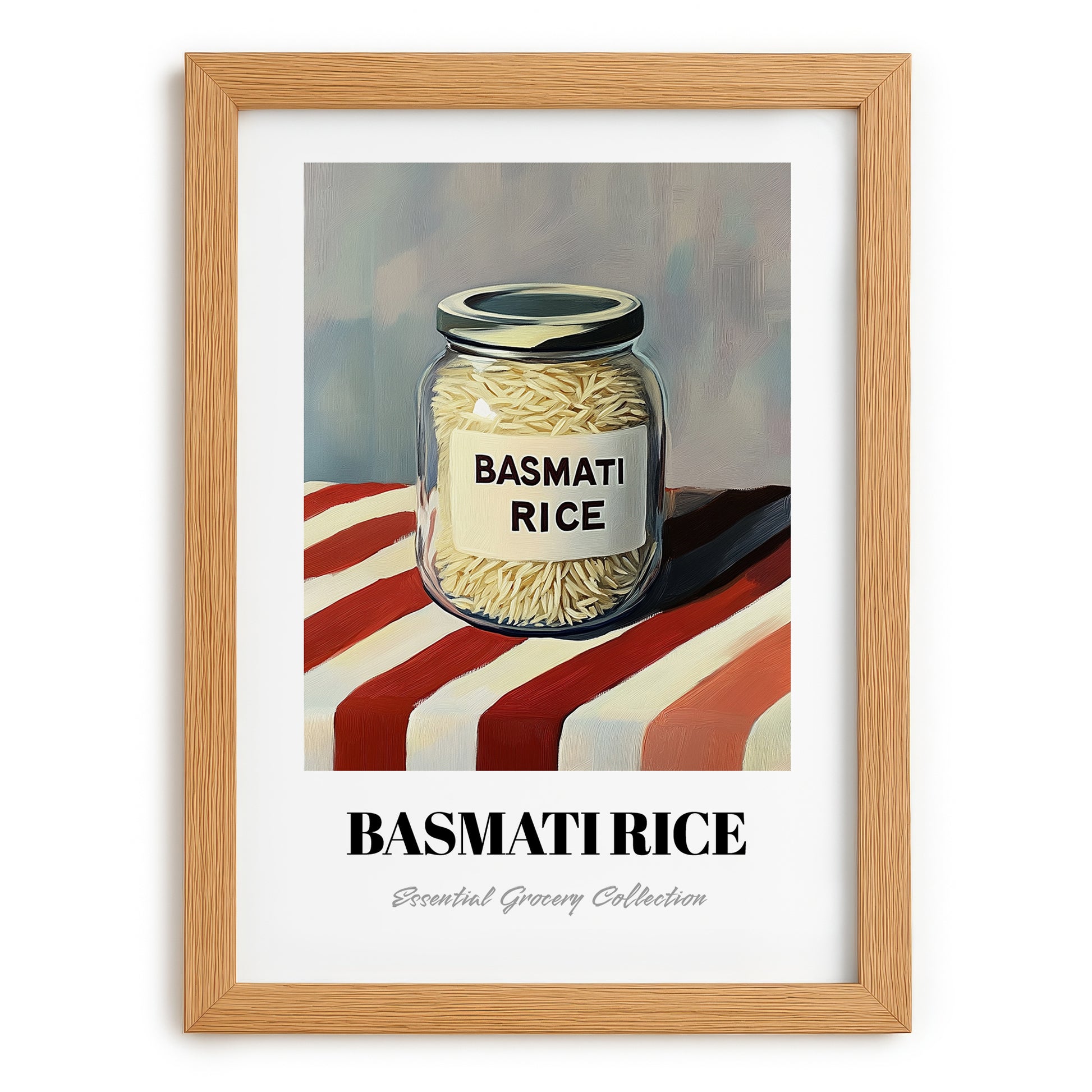 Basmati Rice – on Striped Tablecloth, Shelf Stock Wall Decor, set in oak frame