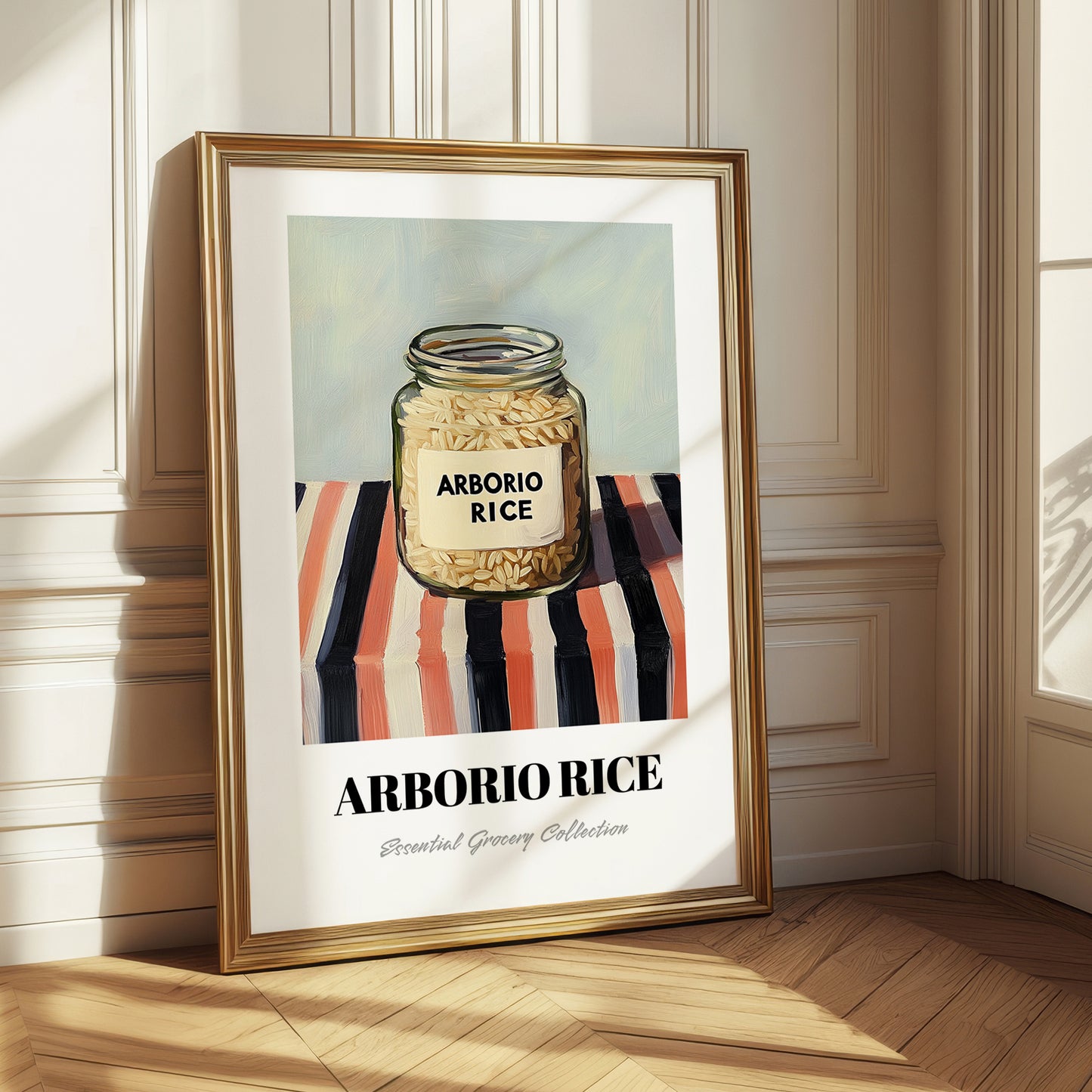 Arborio Rice – on Striped Tablecloth, Grocery Still Life
