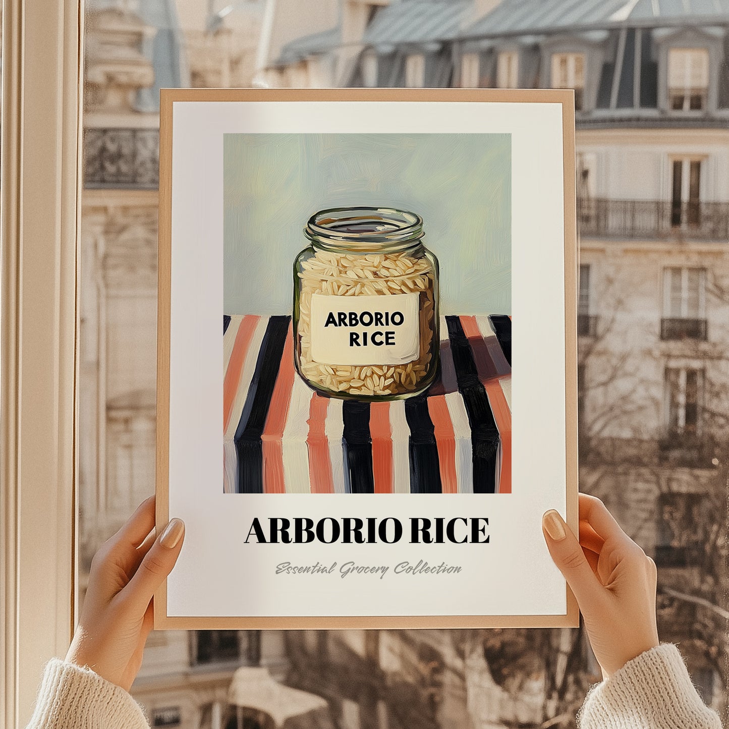Arborio Rice – on Striped Tablecloth, Grocery Still Life, styled in a charming Paris street view
