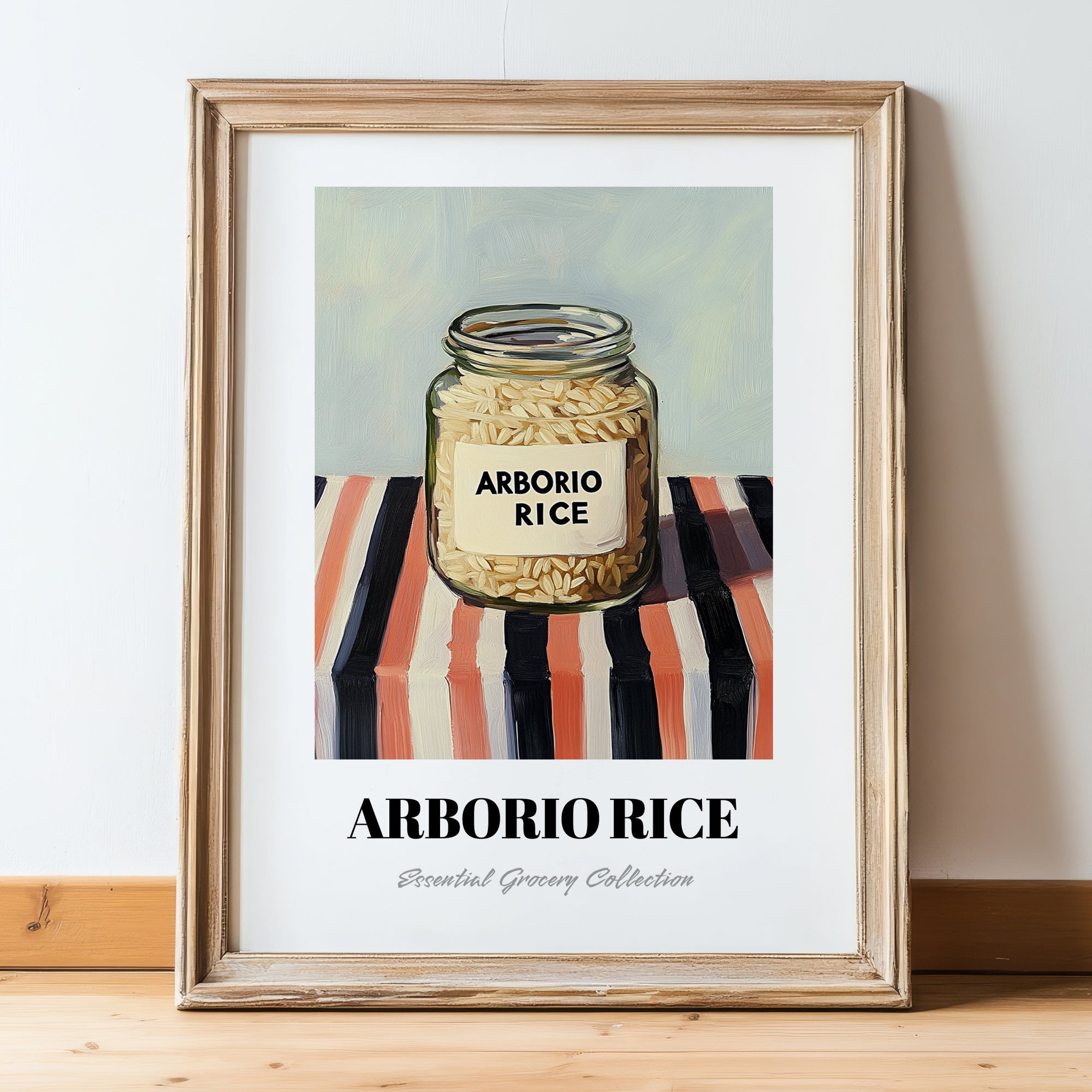 Arborio Rice – on Striped Tablecloth, Grocery Still Life, in wooden frame leaning on the floor