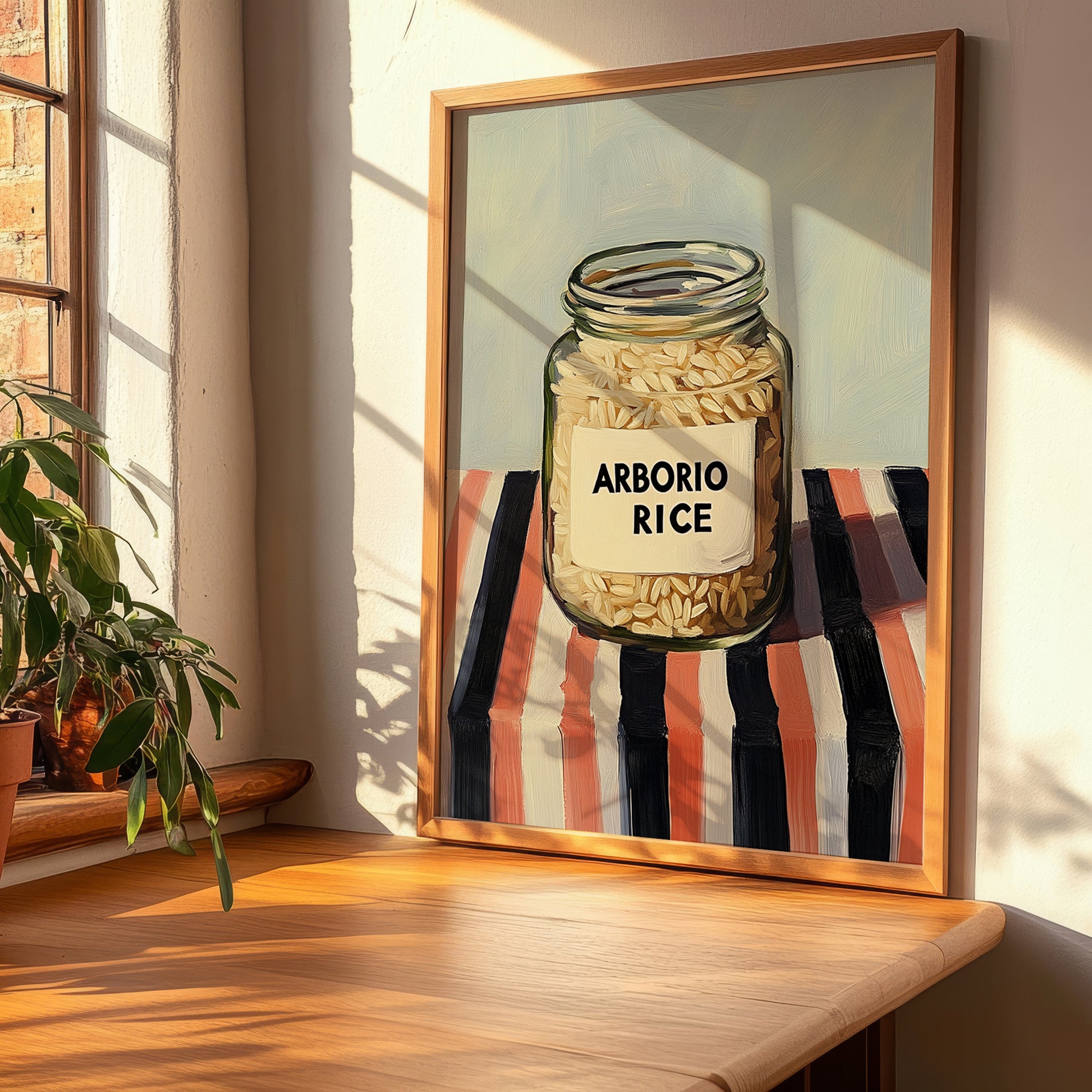 Arborio Rice – on Striped Tablecloth, Grocery Still Life, clean layout with no caption