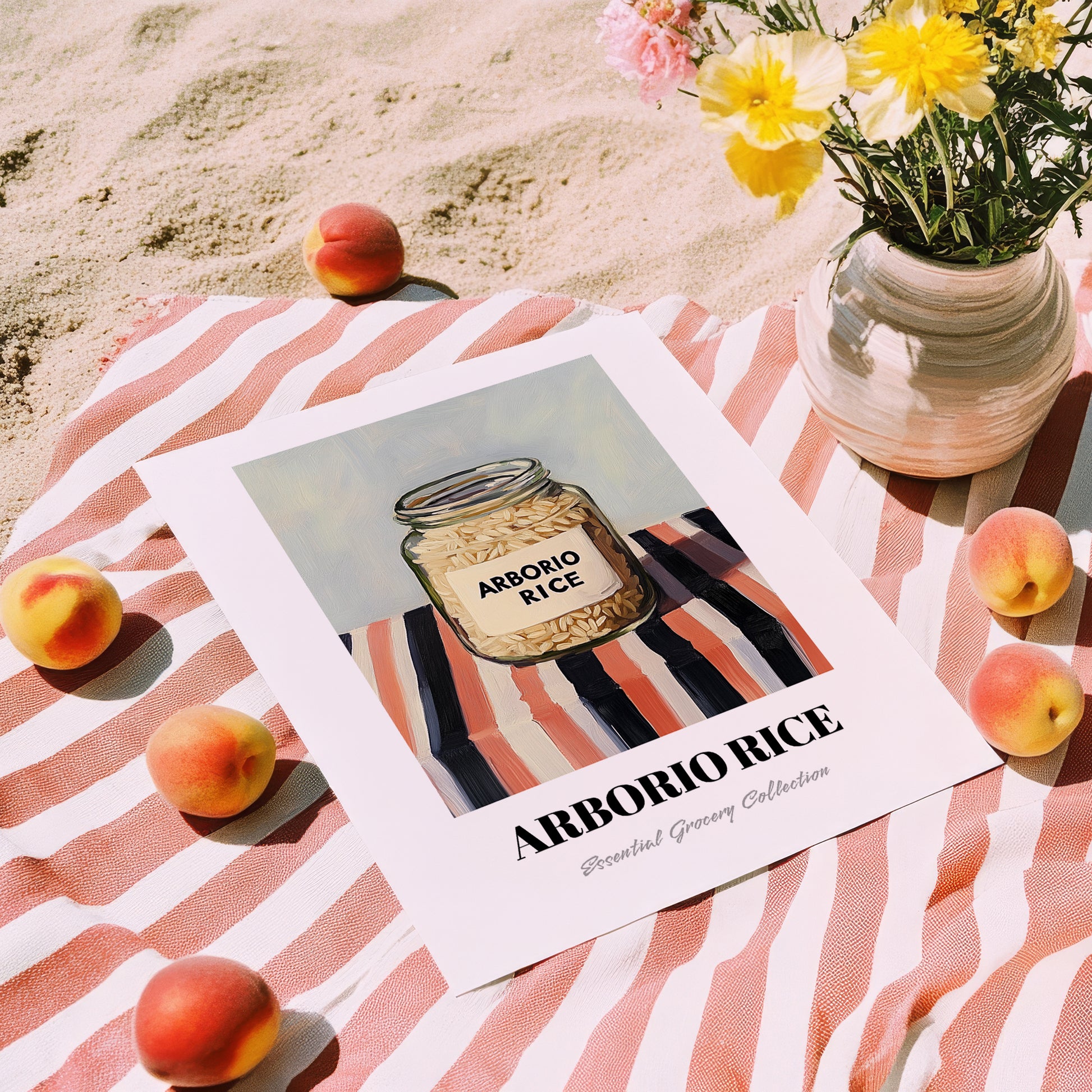 Arborio Rice – on Striped Tablecloth, Grocery Still Life, unframed on coastal sand