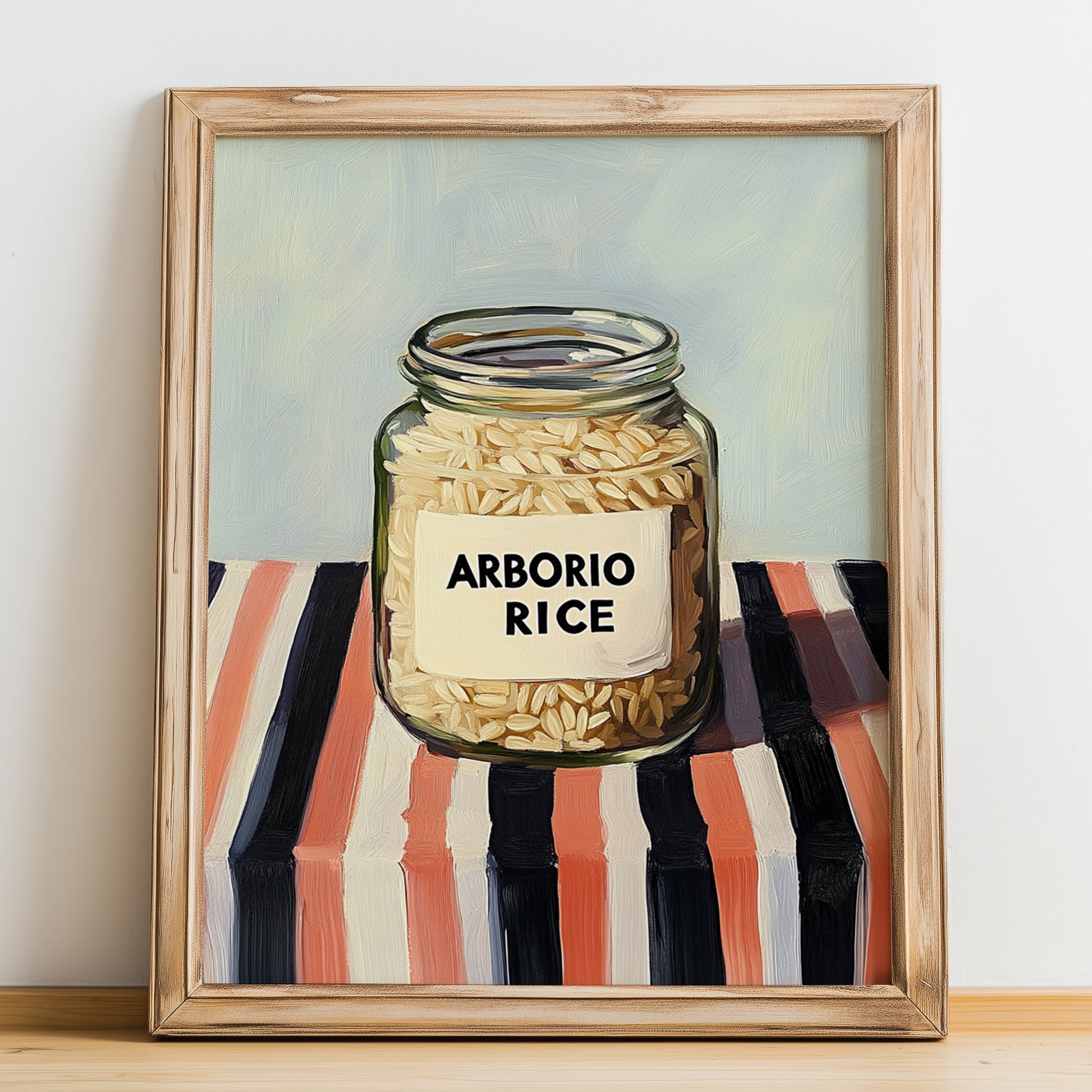 Arborio Rice – on Striped Tablecloth, Grocery Still Life, no-text version framed in wood