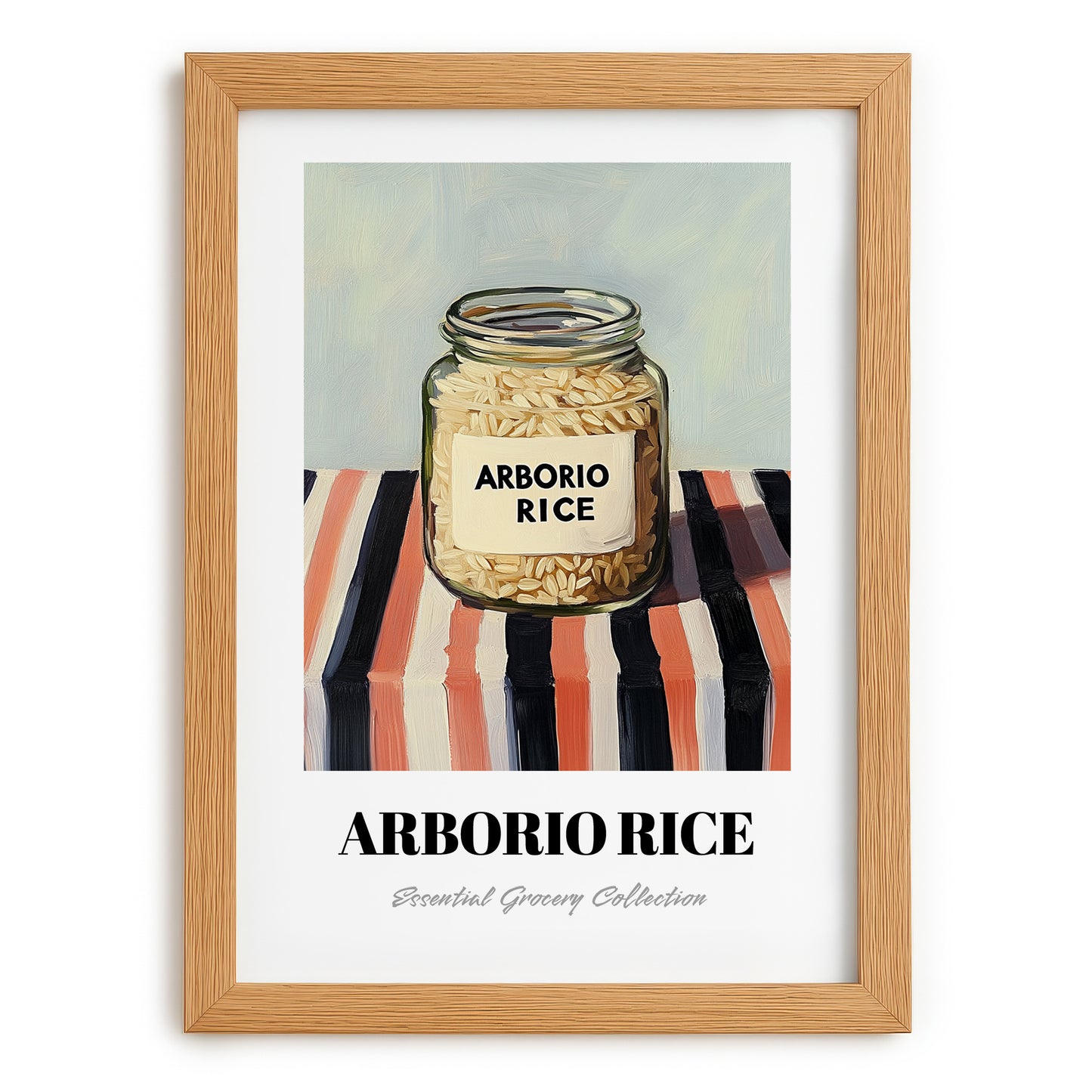 Arborio Rice – on Striped Tablecloth, Grocery Still Life, set in oak frame