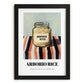 Arborio Rice – on Striped Tablecloth, Grocery Still Life, in sleek black frame
