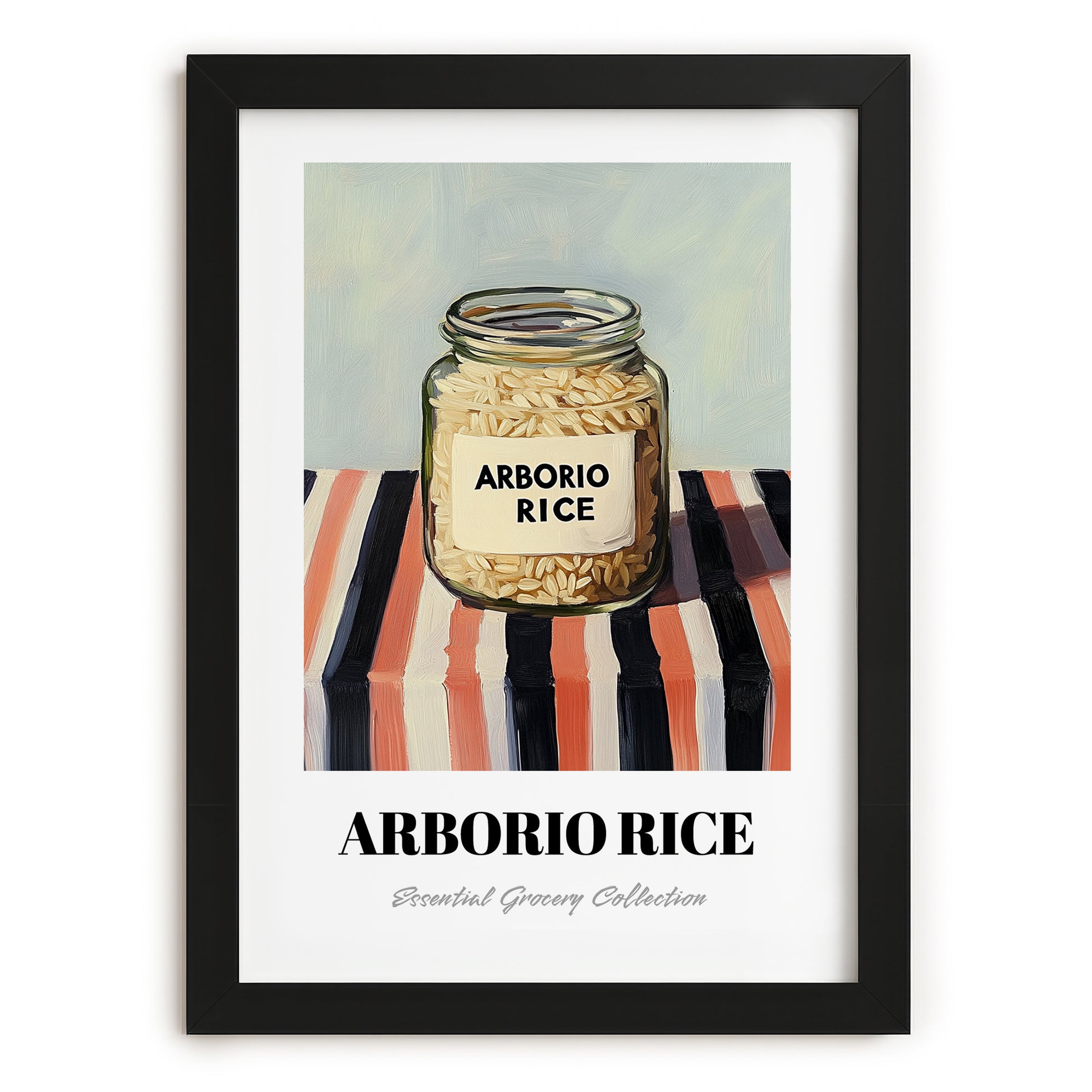 Arborio Rice – on Striped Tablecloth, Grocery Still Life, in sleek black frame