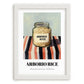 Arborio Rice – on Striped Tablecloth, Grocery Still Life, placed in minimal white frame