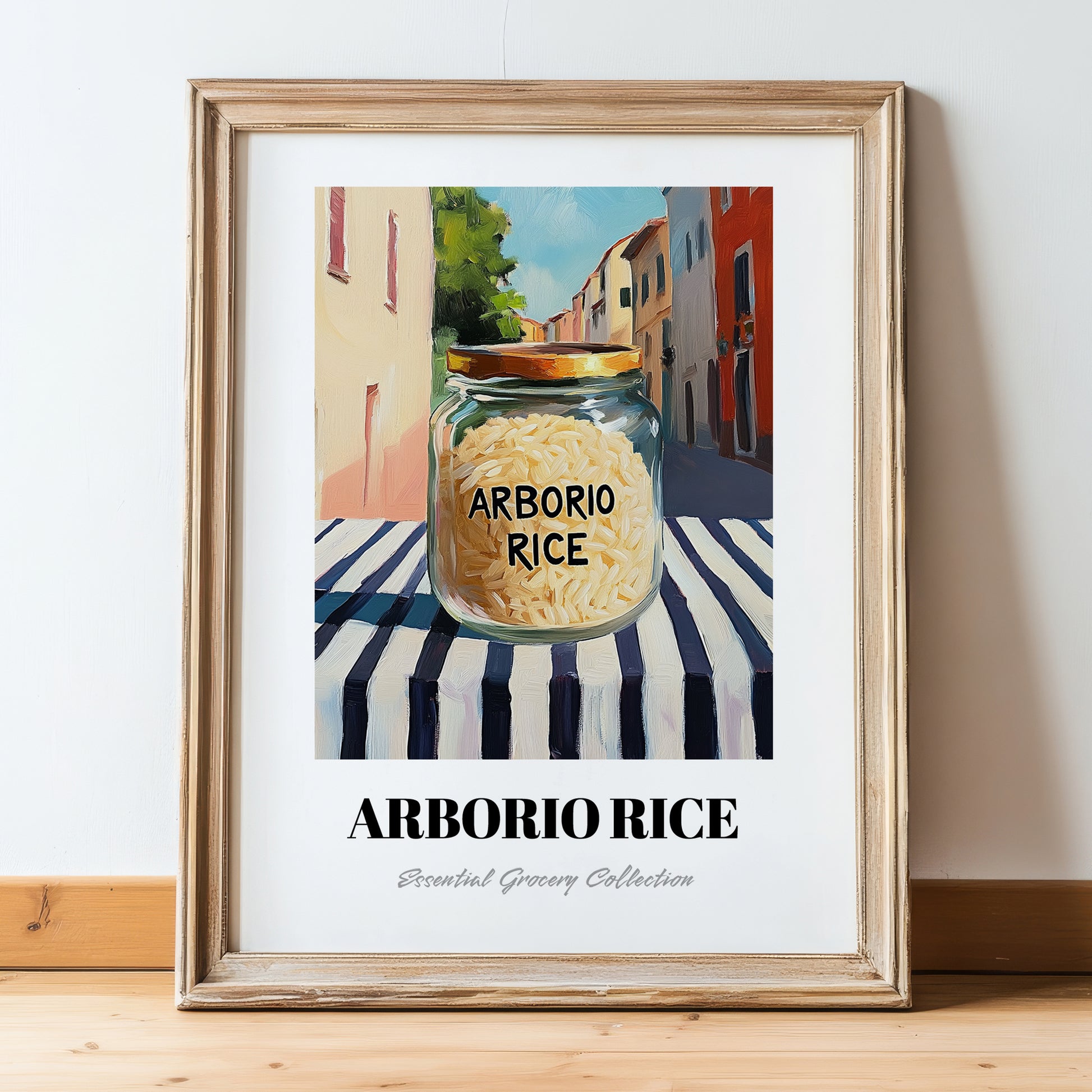 Arborio Rice – Italian Outdoor Café Scene, Kitchen Storage Poster, in wooden frame leaning on the floor