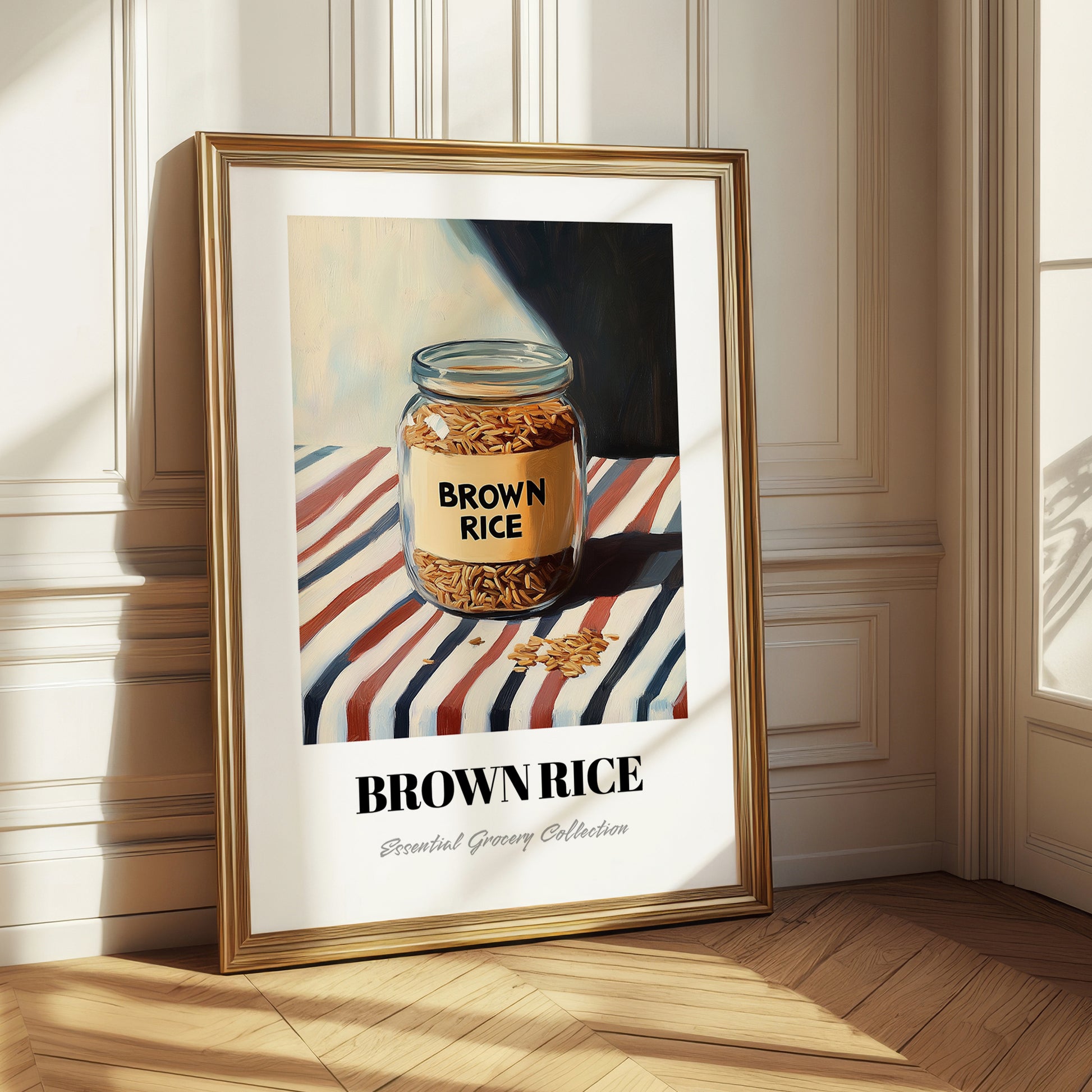 Brown Rice – on Striped Tablecloth, Larder Wall Decor