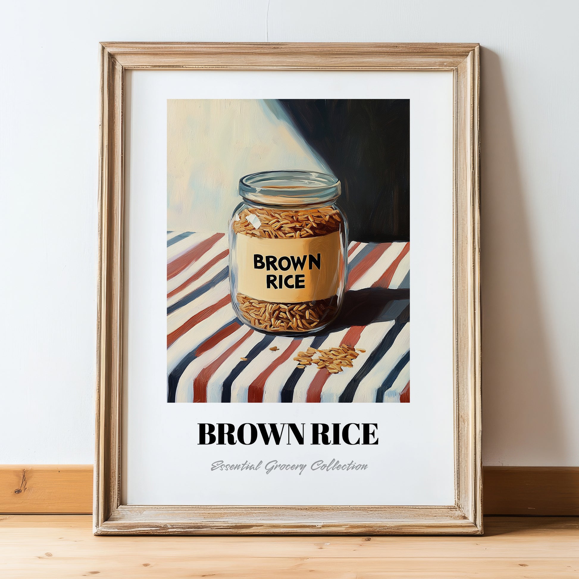 Brown Rice – on Striped Tablecloth, Larder Wall Decor, in wooden frame leaning on the floor