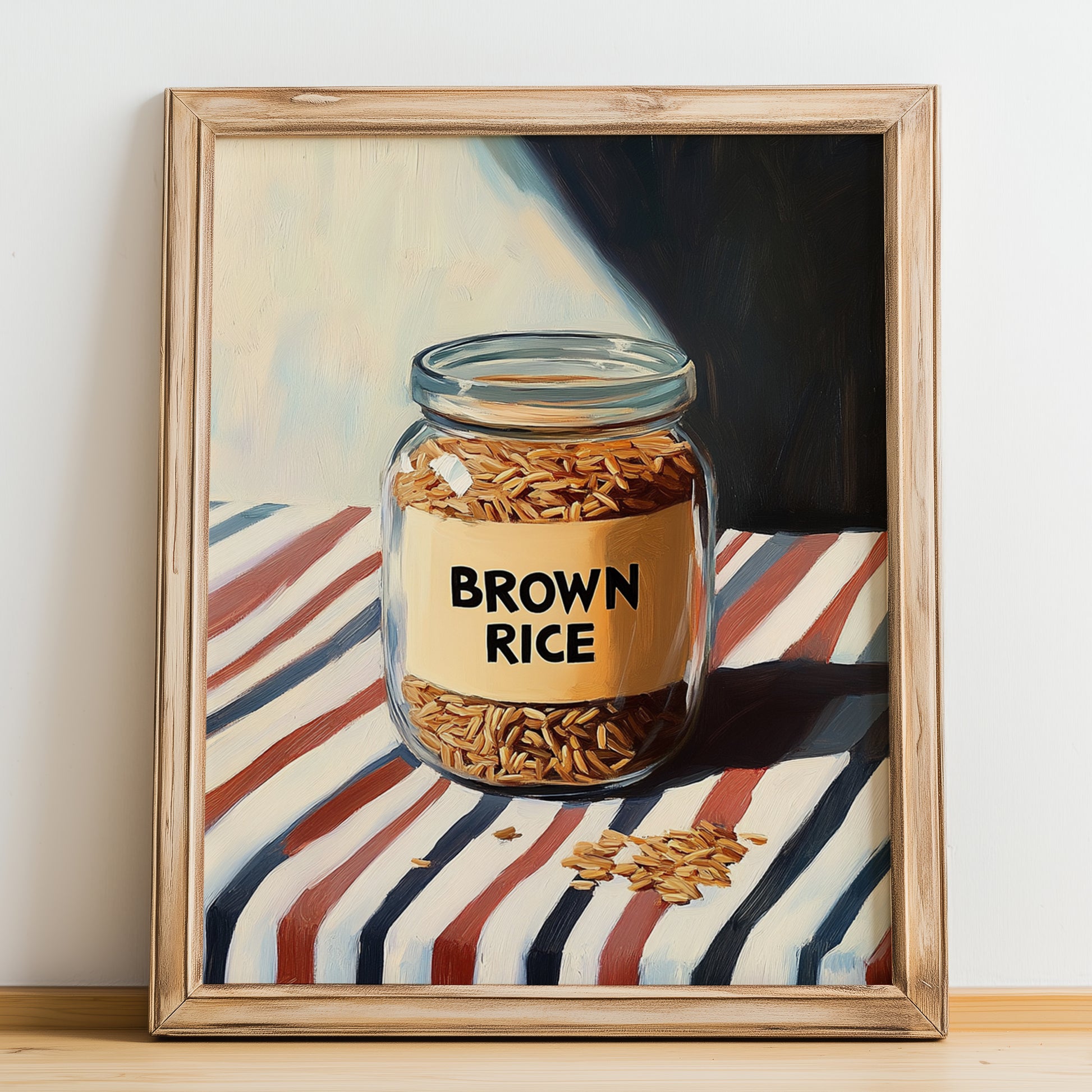 Brown Rice – on Striped Tablecloth, Larder Wall Decor, no-text version framed in wood