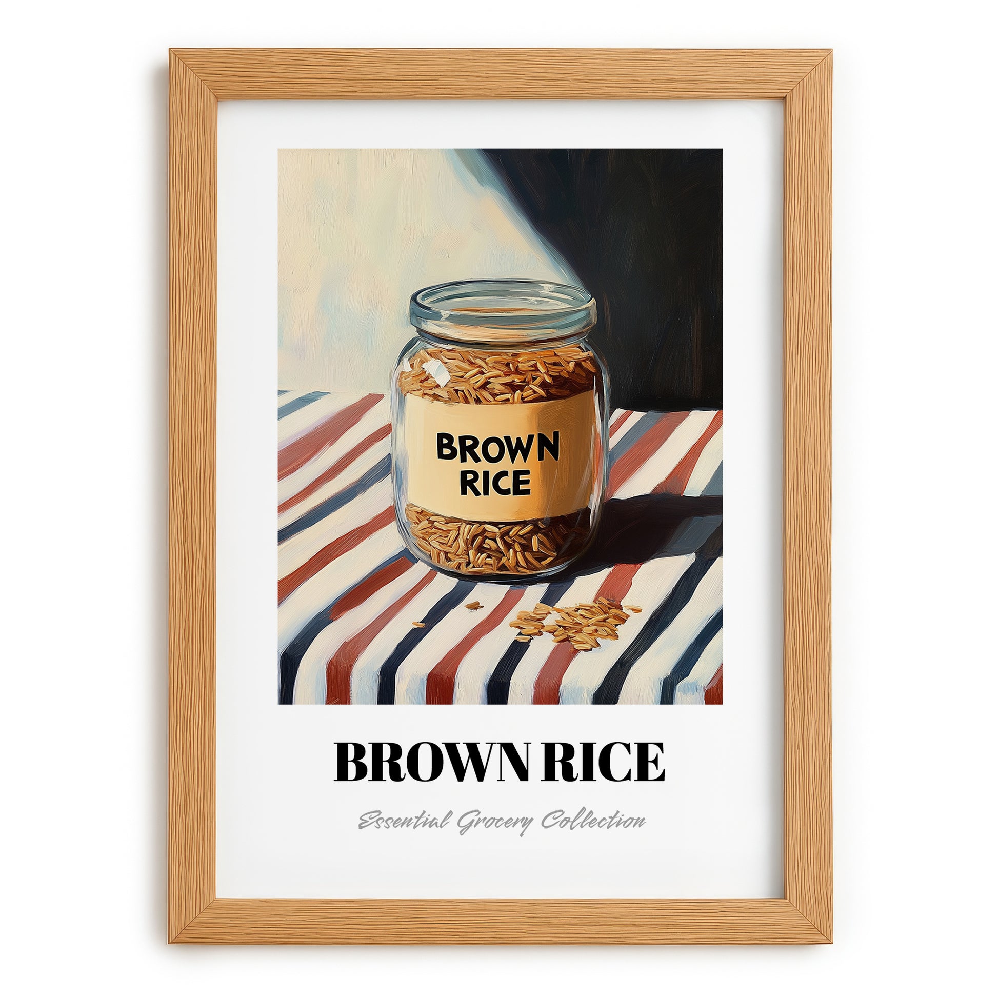 Brown Rice – on Striped Tablecloth, Larder Wall Decor, set in oak frame