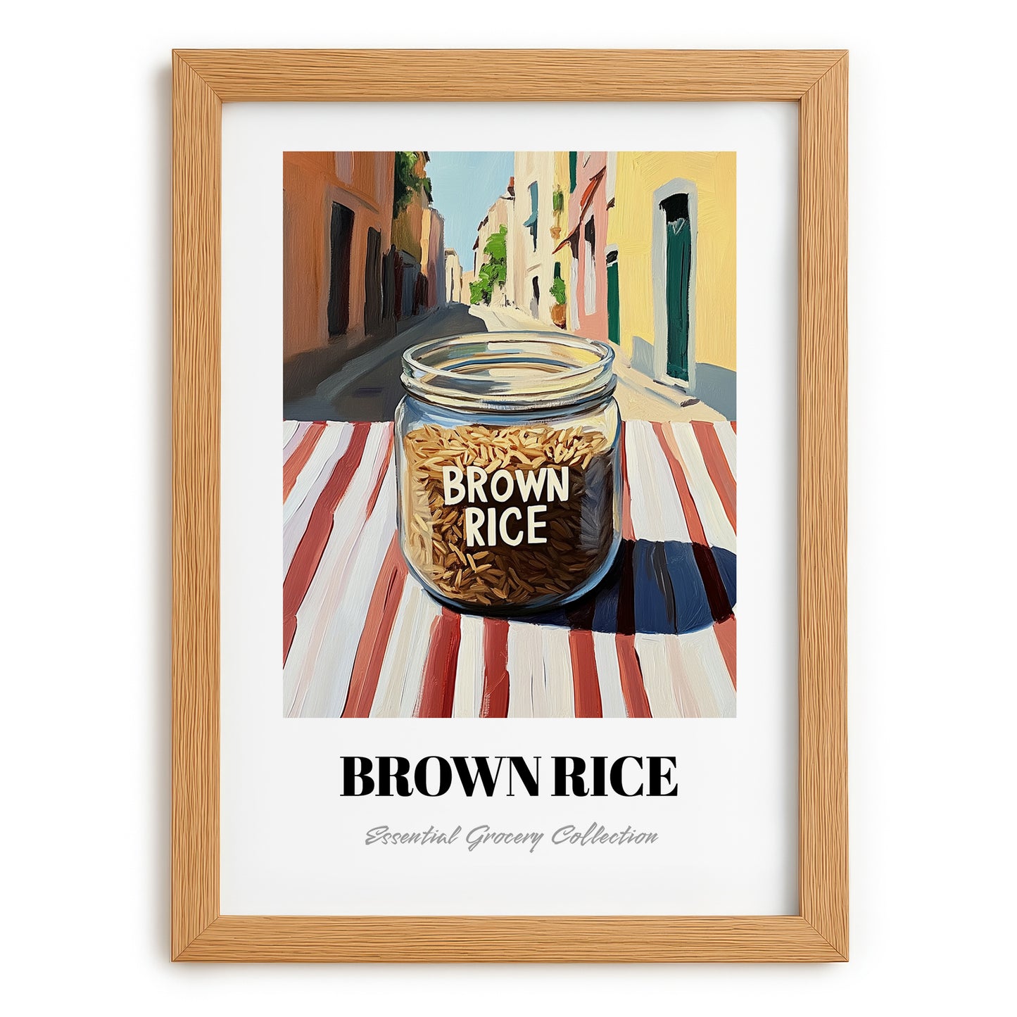 Brown Rice – Italian Urban Café Scene, Kitchen Storage Illustration, set in oak frame
