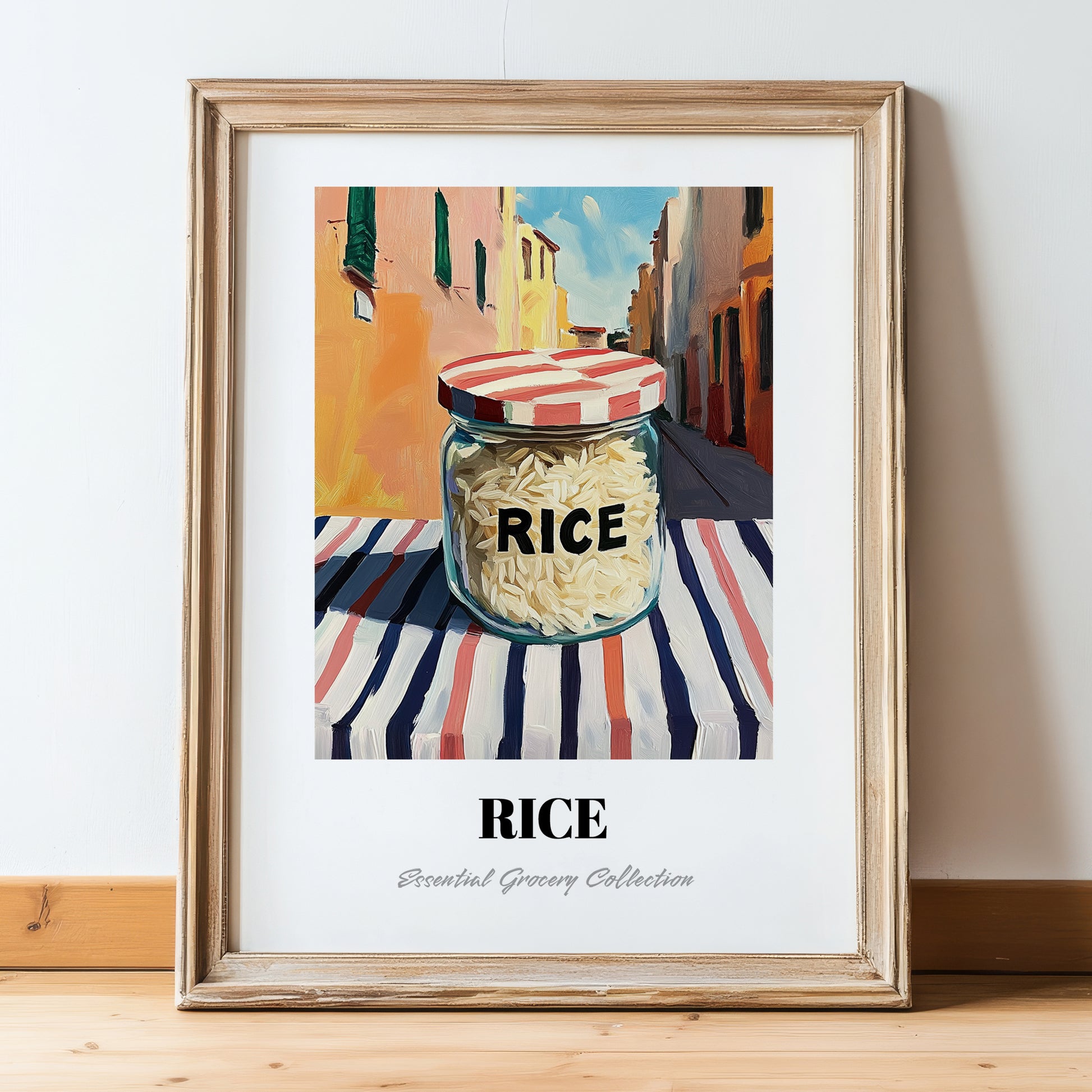Rice – Italian Café on the Corner, Kitchen Storage Print, in wooden frame leaning on the floor