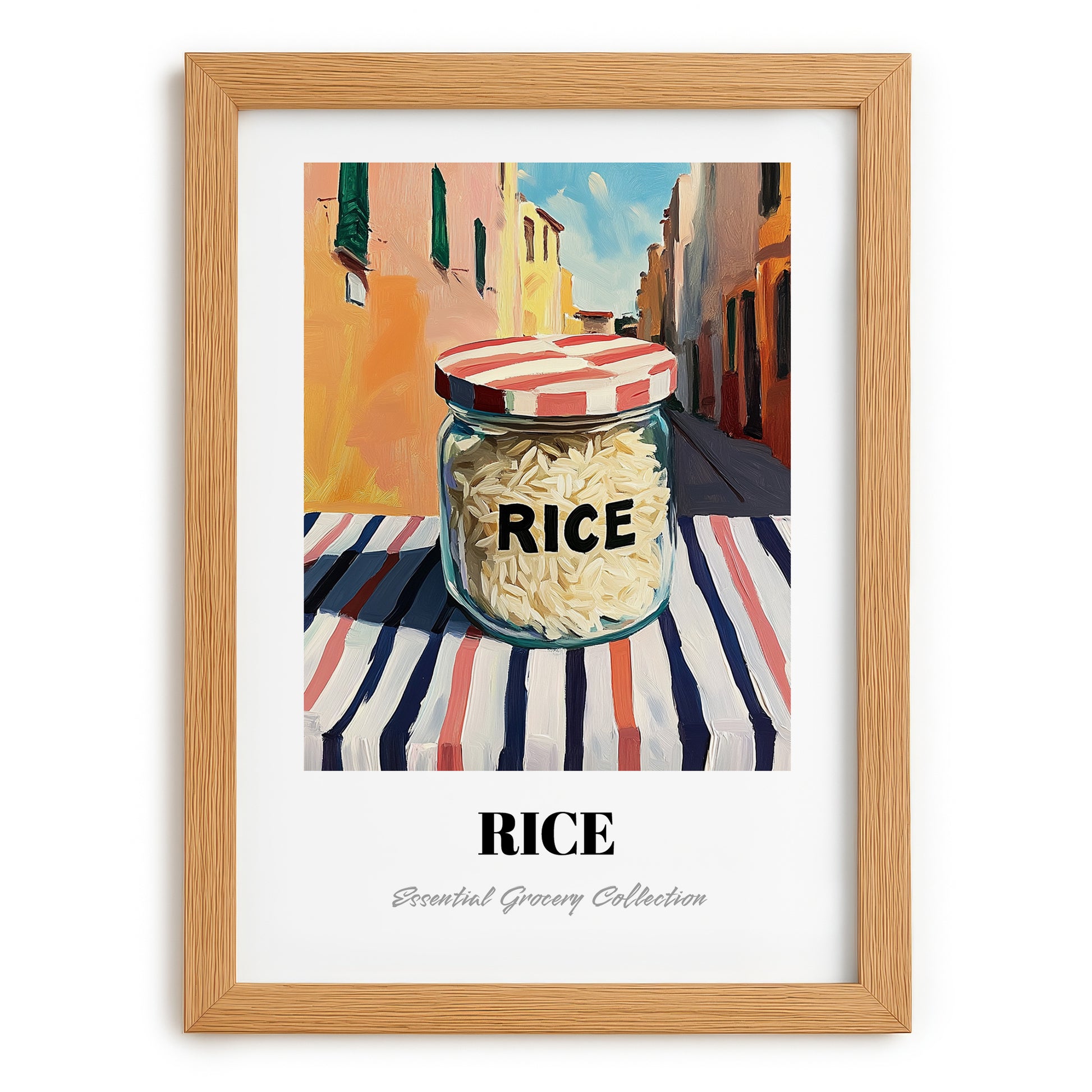 Rice – Italian Café on the Corner, Kitchen Storage Print, set in oak frame