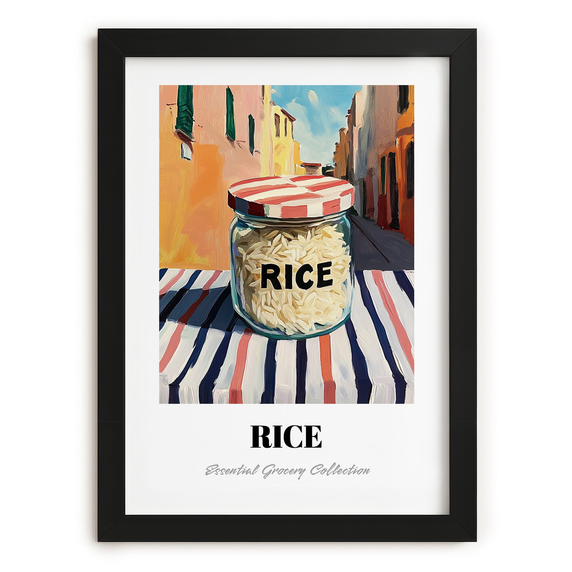 Rice – Italian Café on the Corner, Kitchen Storage Print, in sleek black frame