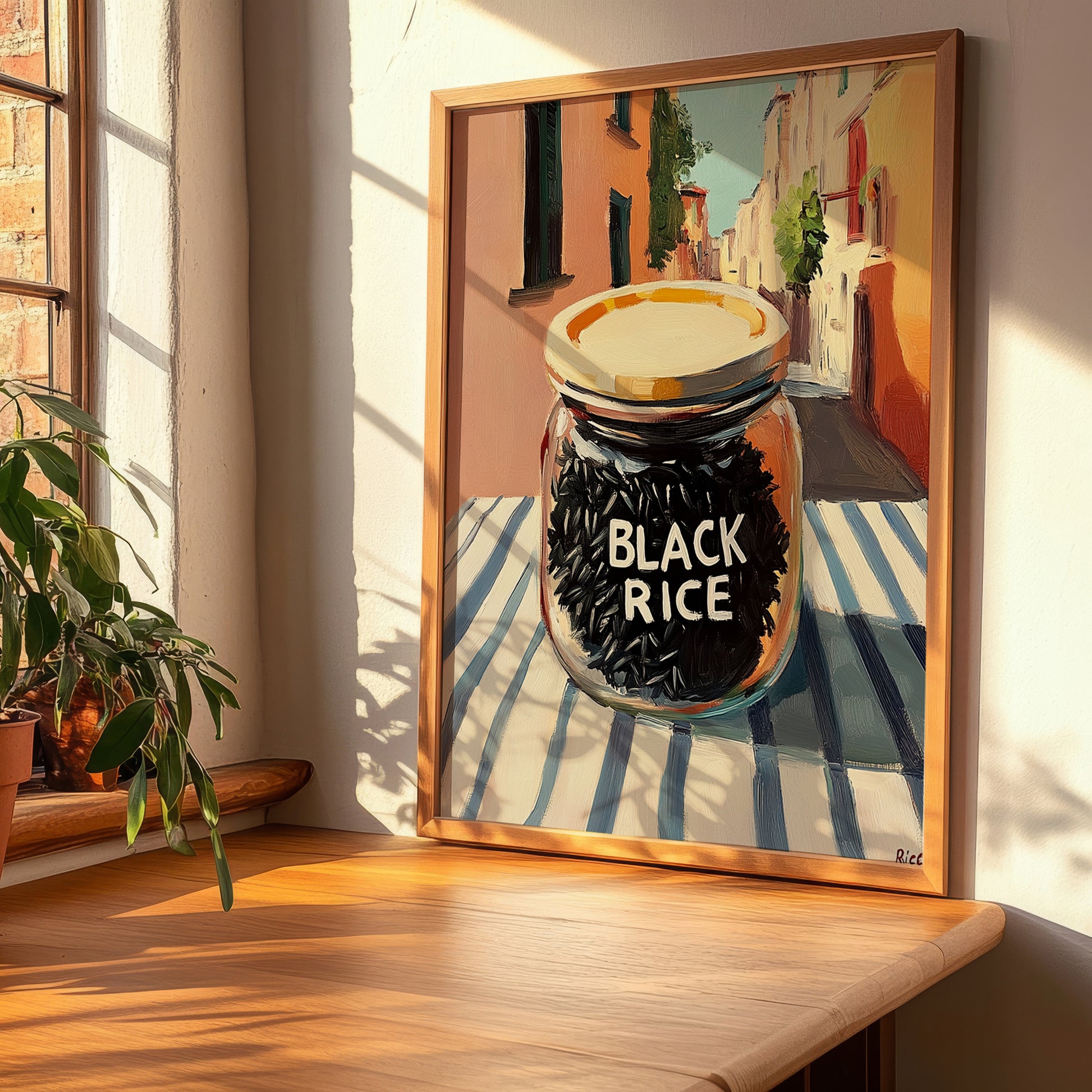 Black Rice – Italian Street Café Scene, Dry Goods Wall Art, clean layout with no caption