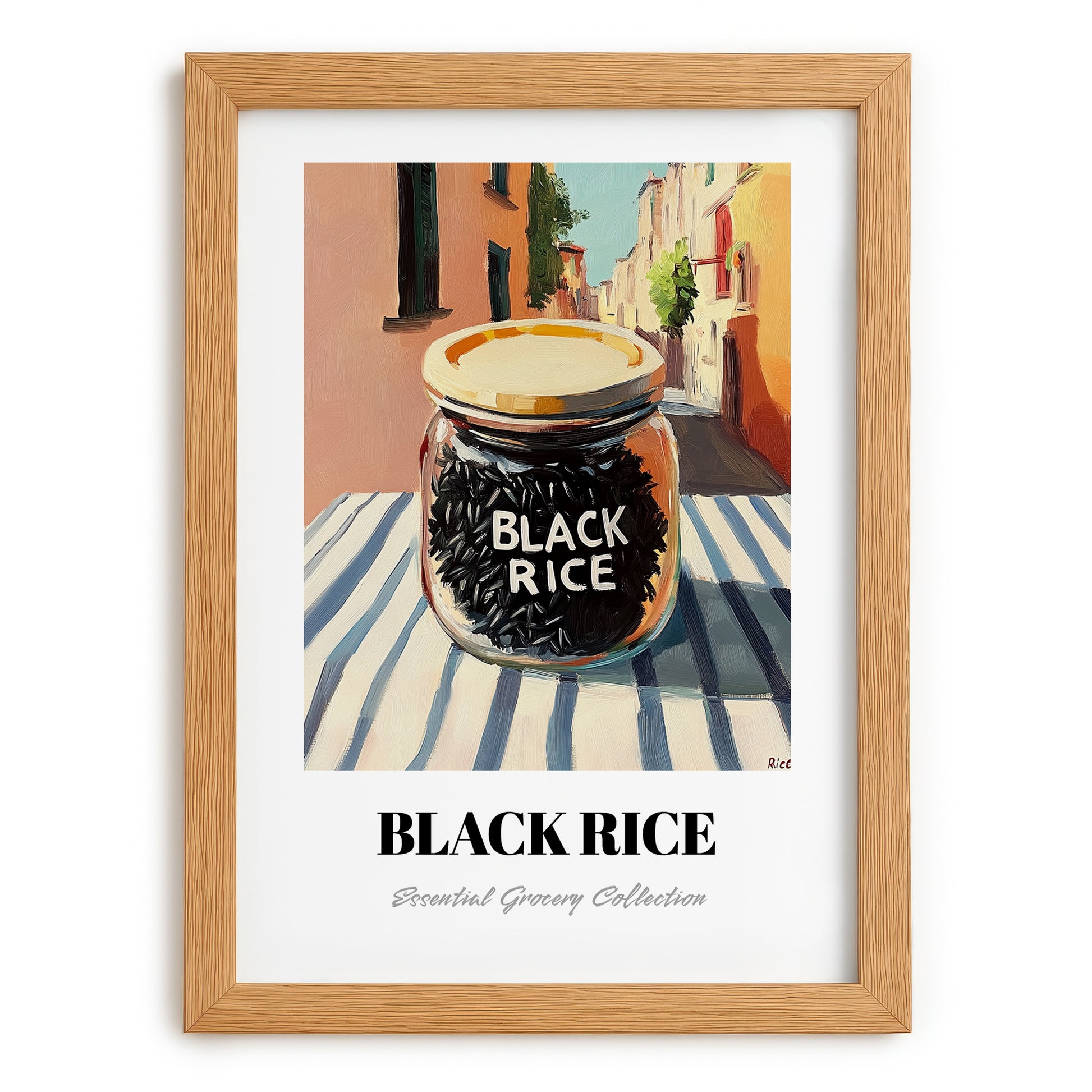 Black Rice – Italian Street Café Scene, Dry Goods Wall Art, set in oak frame