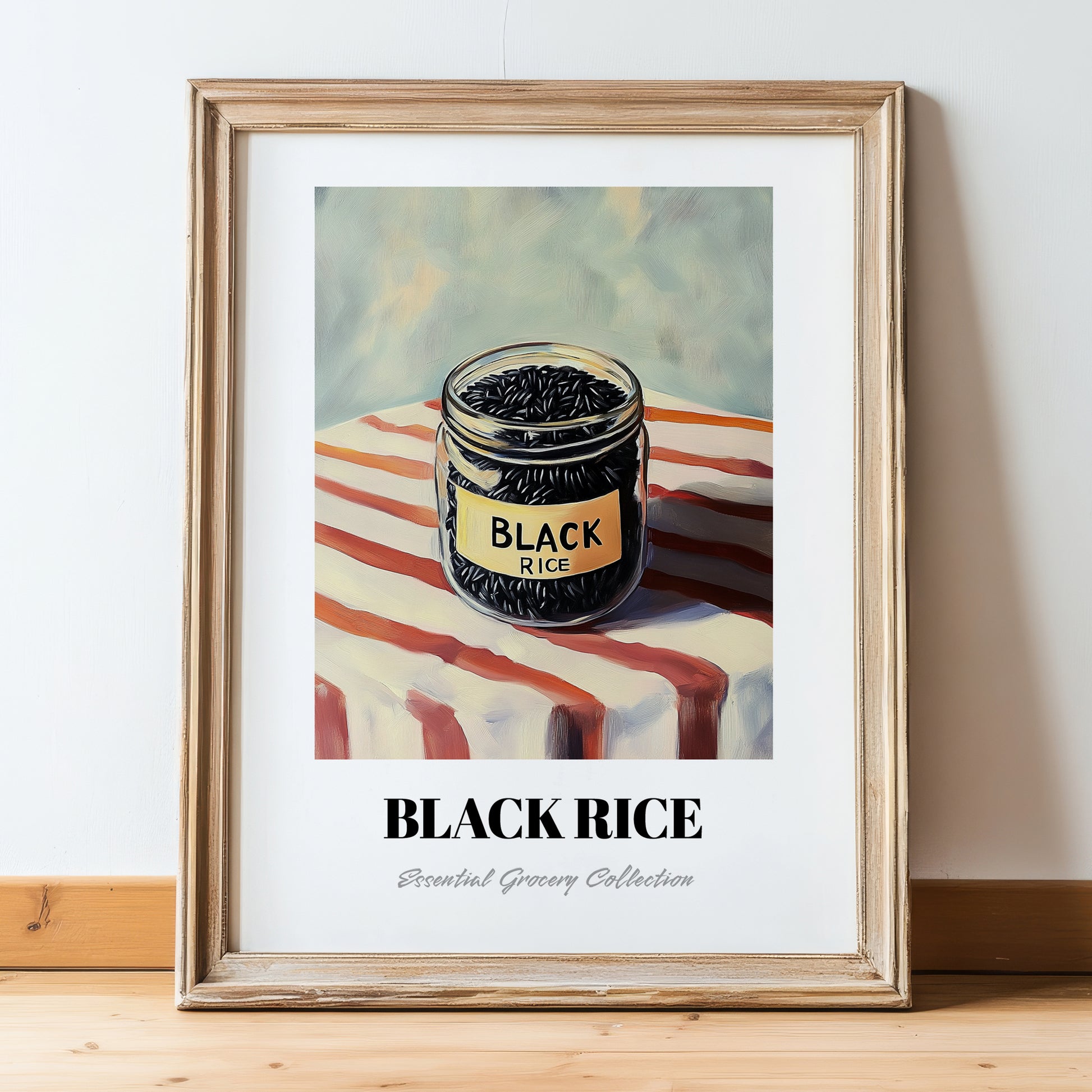 Black Rice – on Striped Tablecloth, Pantry Painting, in wooden frame leaning on the floor