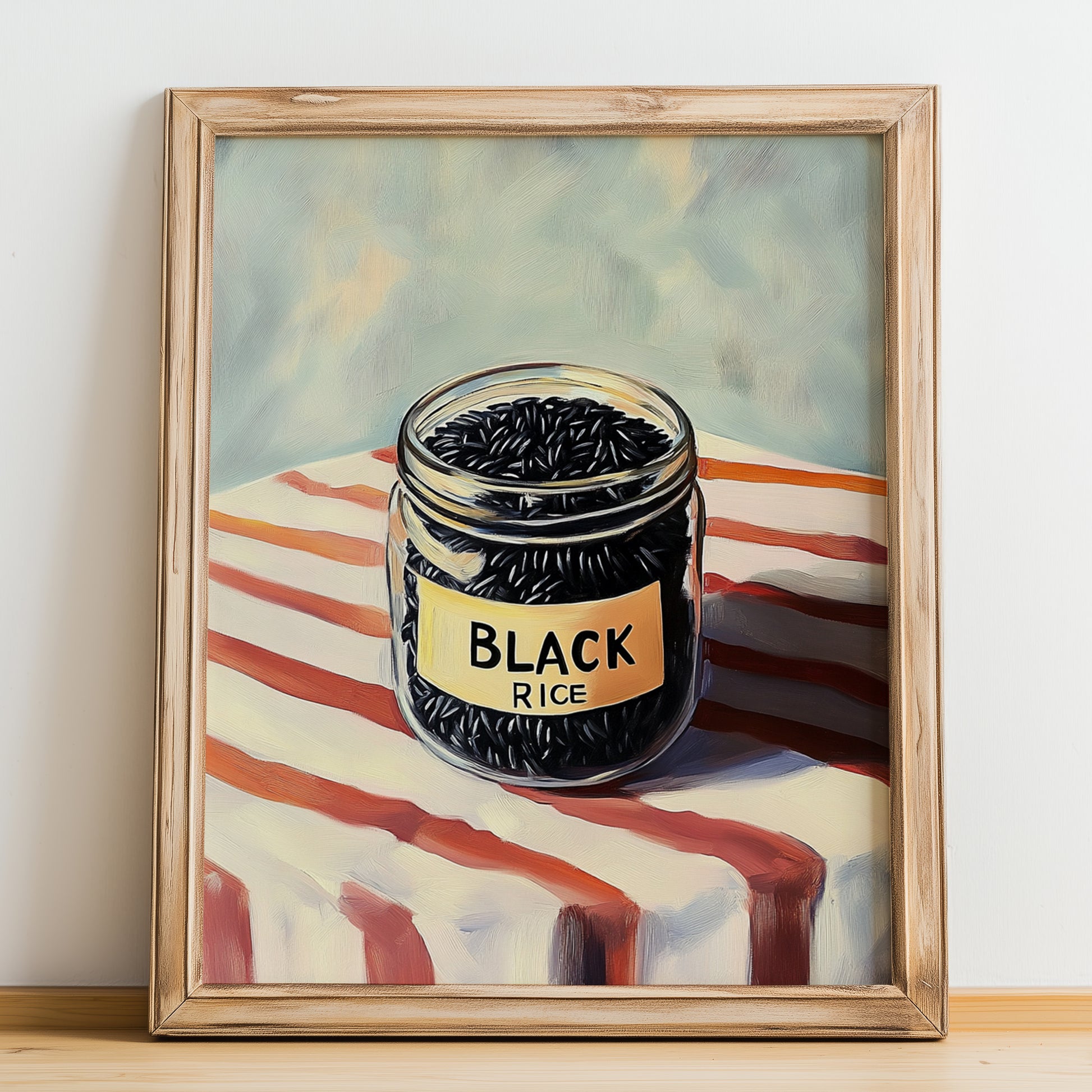 Black Rice – on Striped Tablecloth, Pantry Painting, no-text version framed in wood