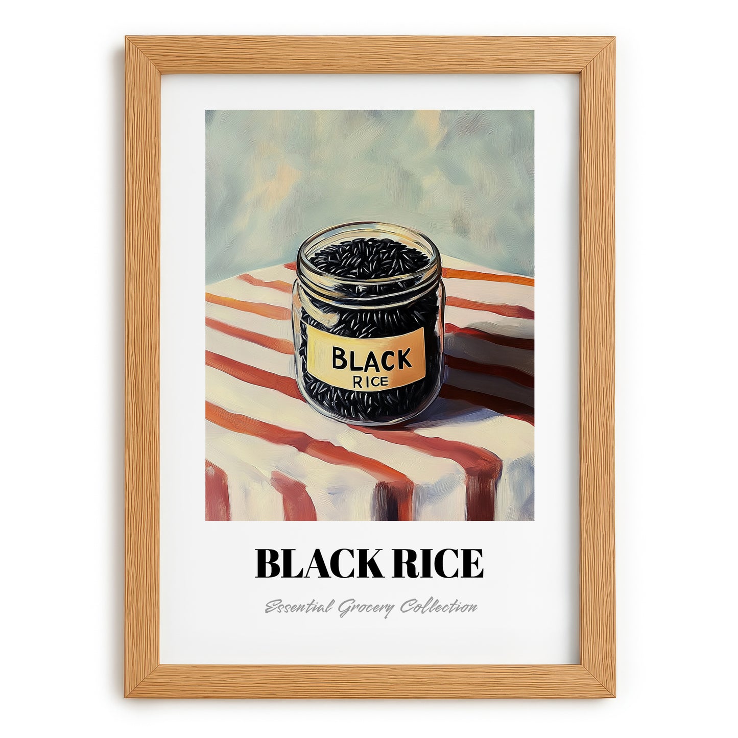 Black Rice – on Striped Tablecloth, Pantry Painting, set in oak frame
