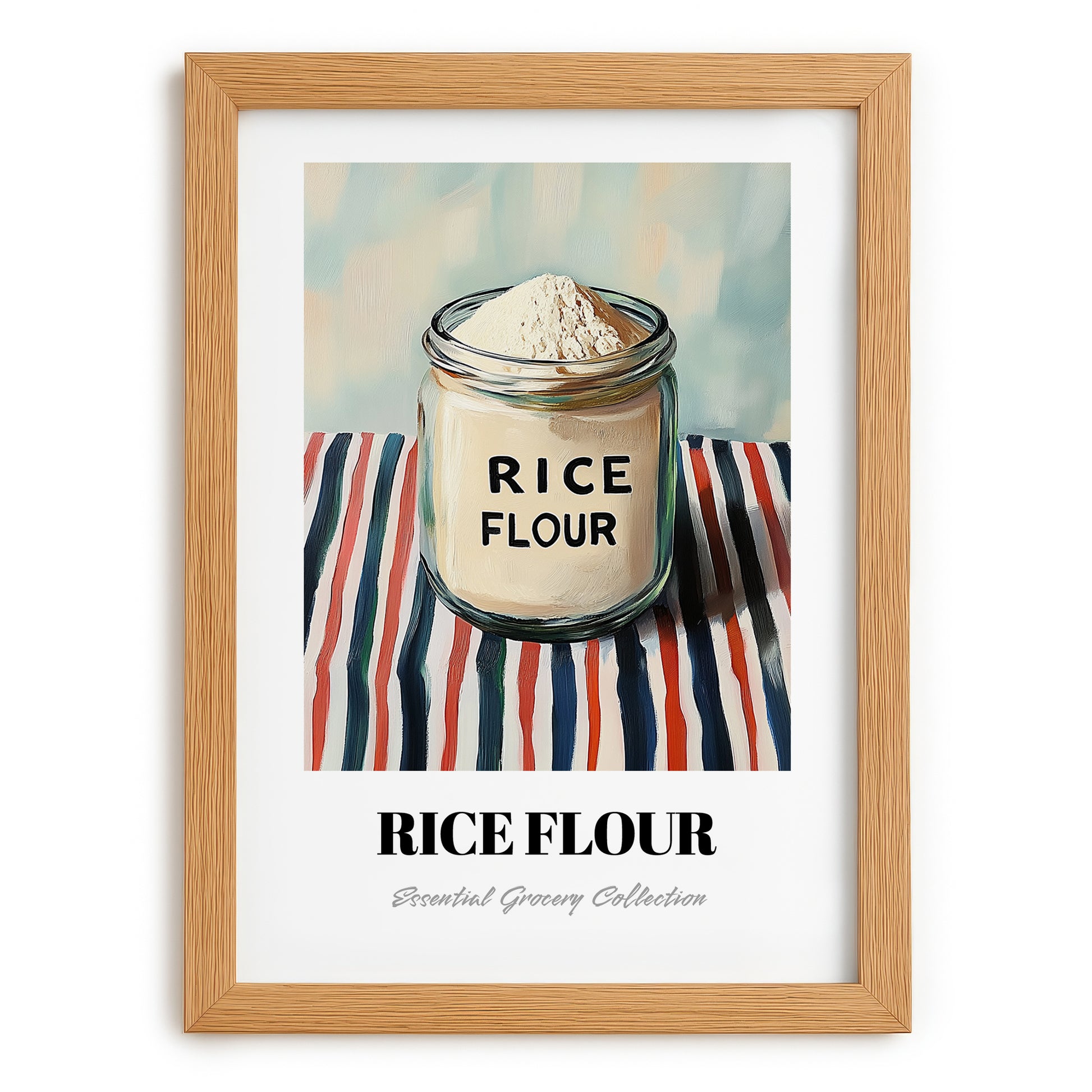 Rice Flour – on Striped Tablecloth, Dough Still Life, set in oak frame