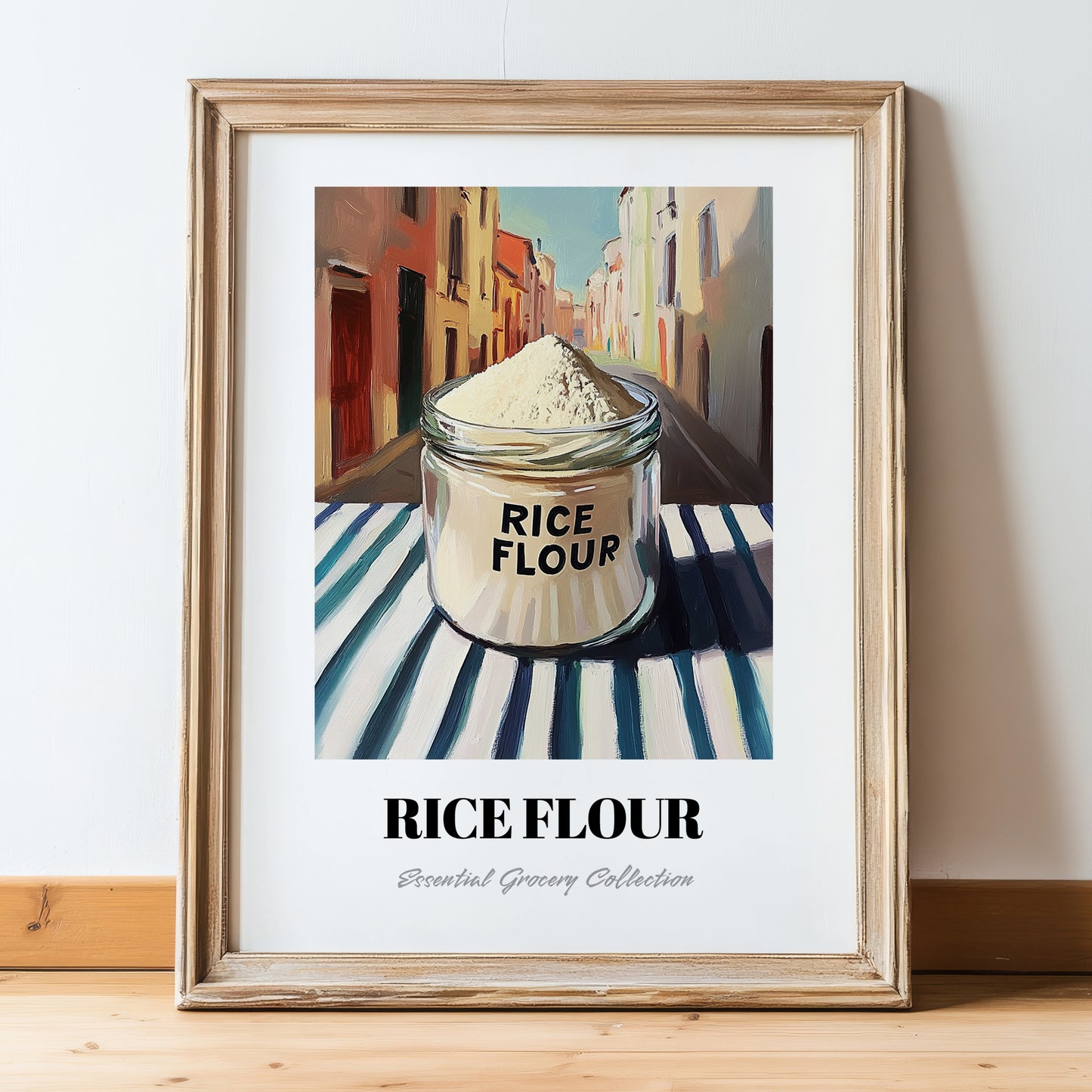 Rice Flour – Italian Outdoor Café Scene, Dough Poster, in wooden frame leaning on the floor
