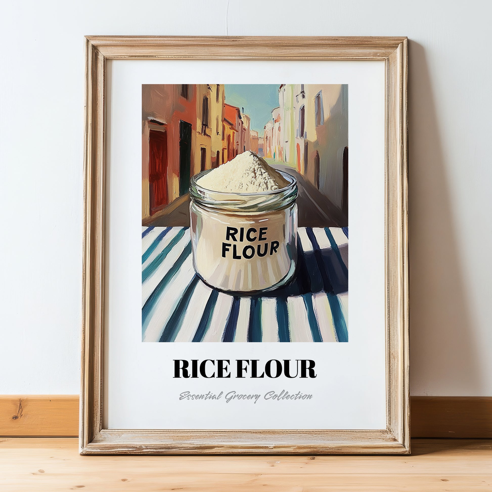 Rice Flour – Italian Outdoor Café Scene, Dough Poster, in wooden frame leaning on the floor