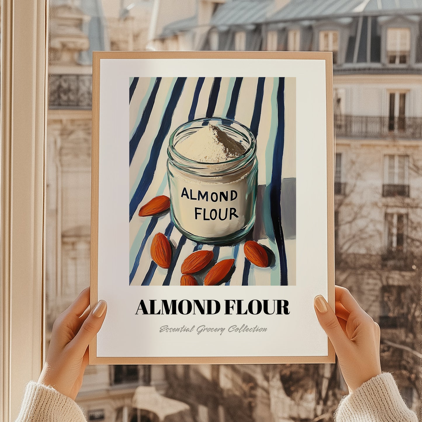 Almond Flour – on Striped Tablecloth, Dough Still Life, styled in a charming Paris street view