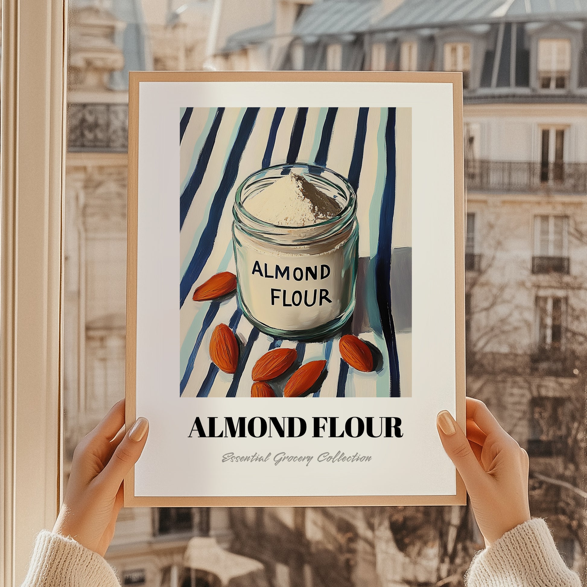 Almond Flour – on Striped Tablecloth, Dough Still Life, styled in a charming Paris street view