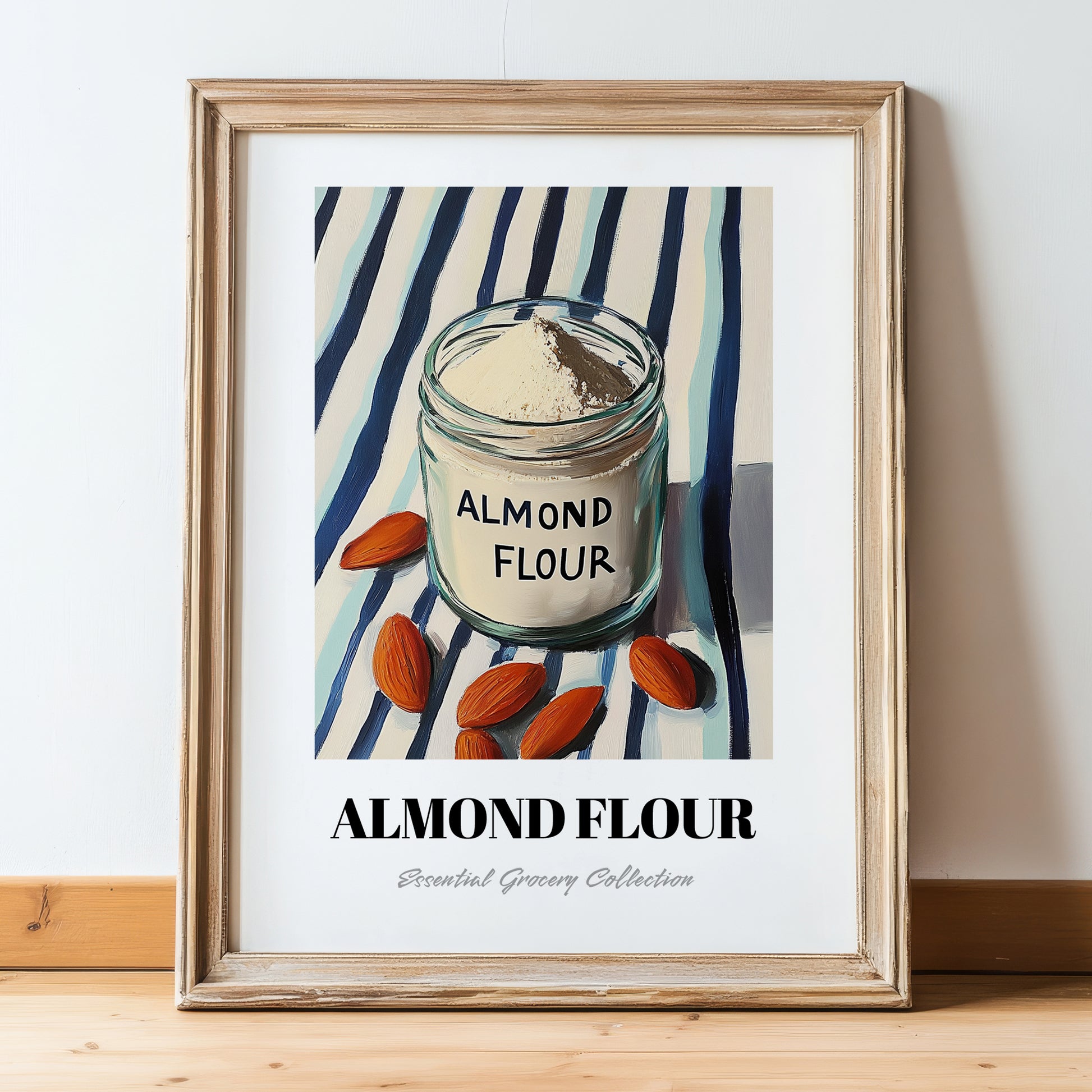 Almond Flour – on Striped Tablecloth, Dough Still Life, in wooden frame leaning on the floor
