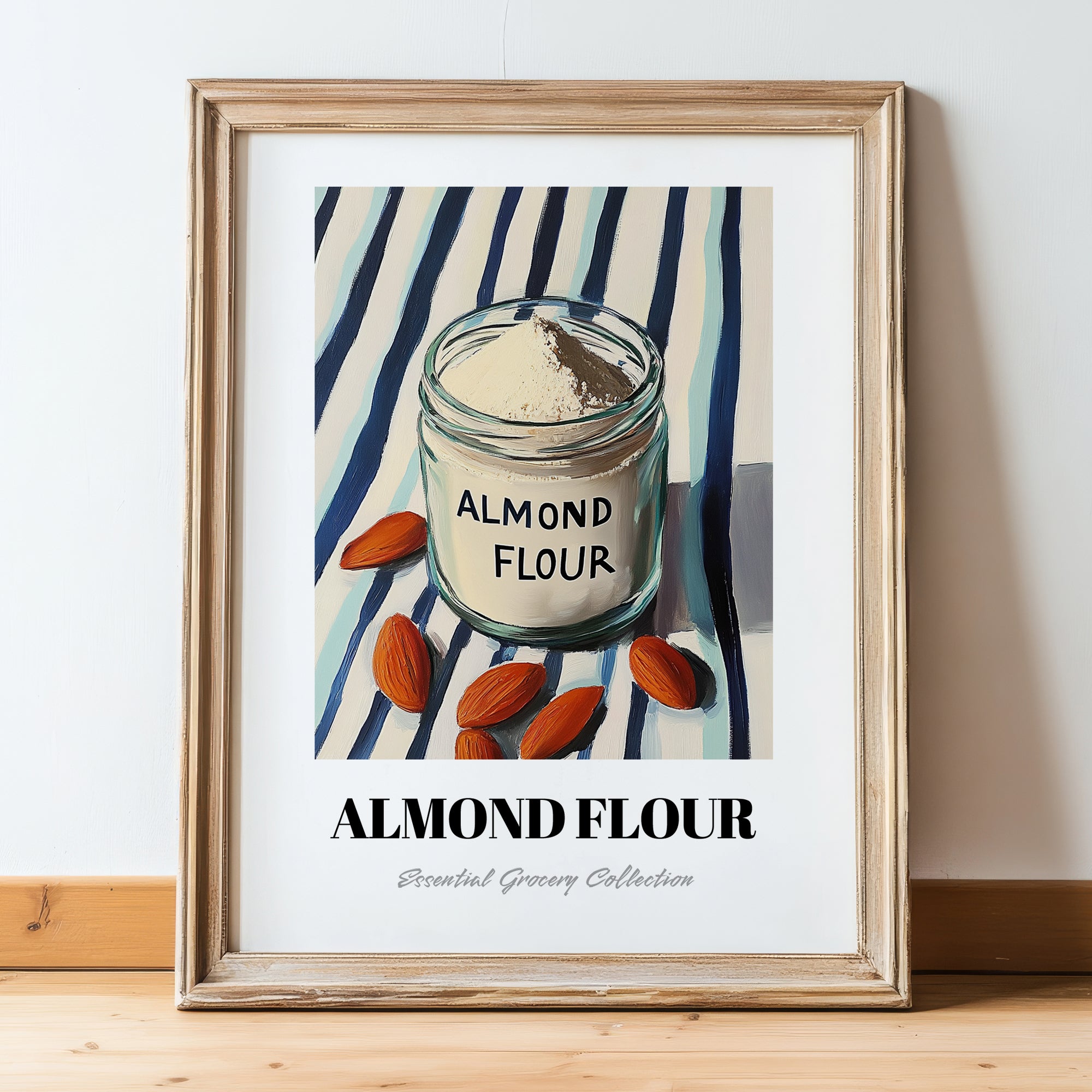 Almond Flour – on Striped Tablecloth, Dough Still Life, in wooden frame leaning on the floor