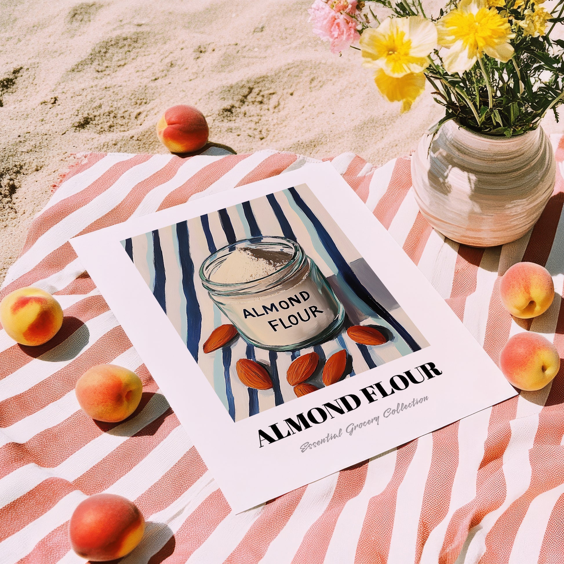 Almond Flour – on Striped Tablecloth, Dough Still Life, unframed on coastal sand
