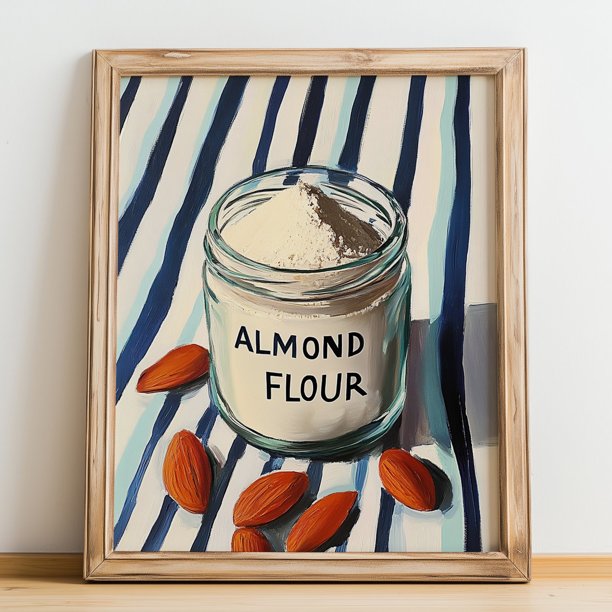 Almond Flour – on Striped Tablecloth, Dough Still Life, no-text version framed in wood