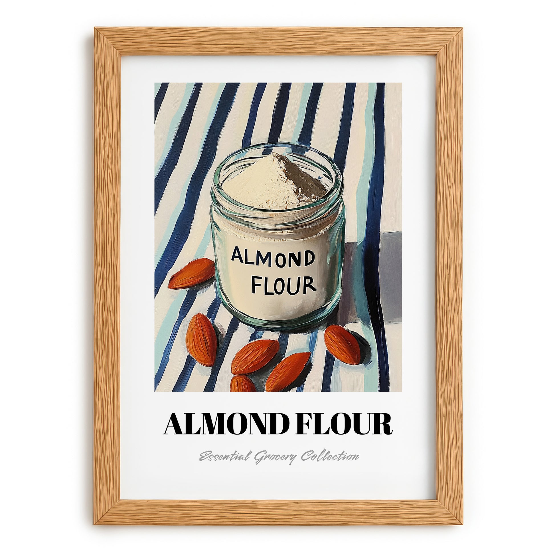 Almond Flour – on Striped Tablecloth, Dough Still Life, set in oak frame
