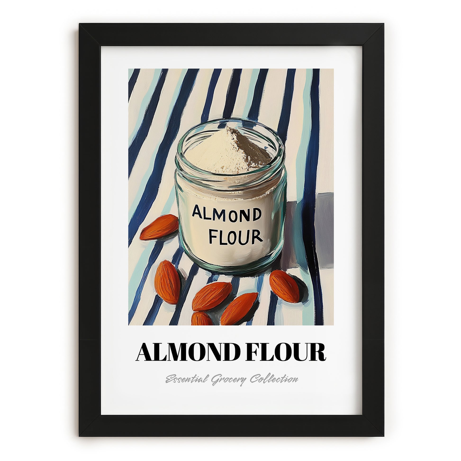 Almond Flour – on Striped Tablecloth, Dough Still Life, in sleek black frame