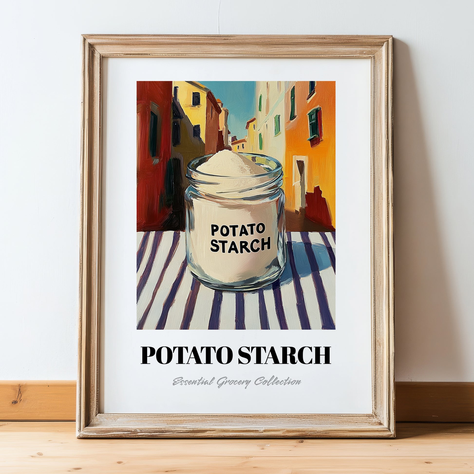 Potato Starch – Italian Street Café Scene, Sweetener Print, in wooden frame leaning on the floor