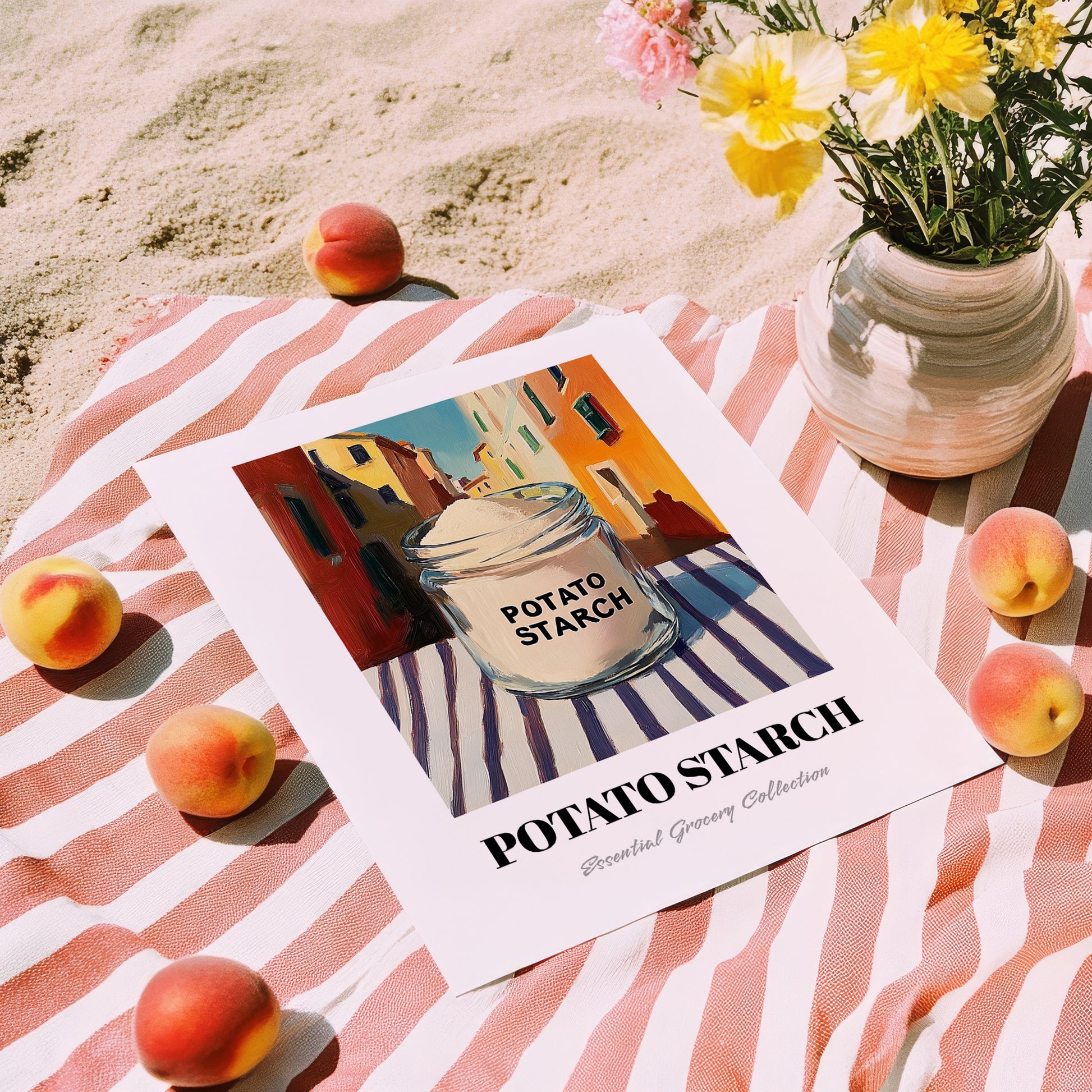 Potato Starch – Italian Street Café Scene, Sweetener Print, unframed on coastal sand